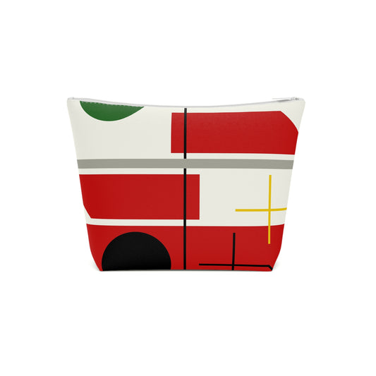 a red and white bag with a green handle