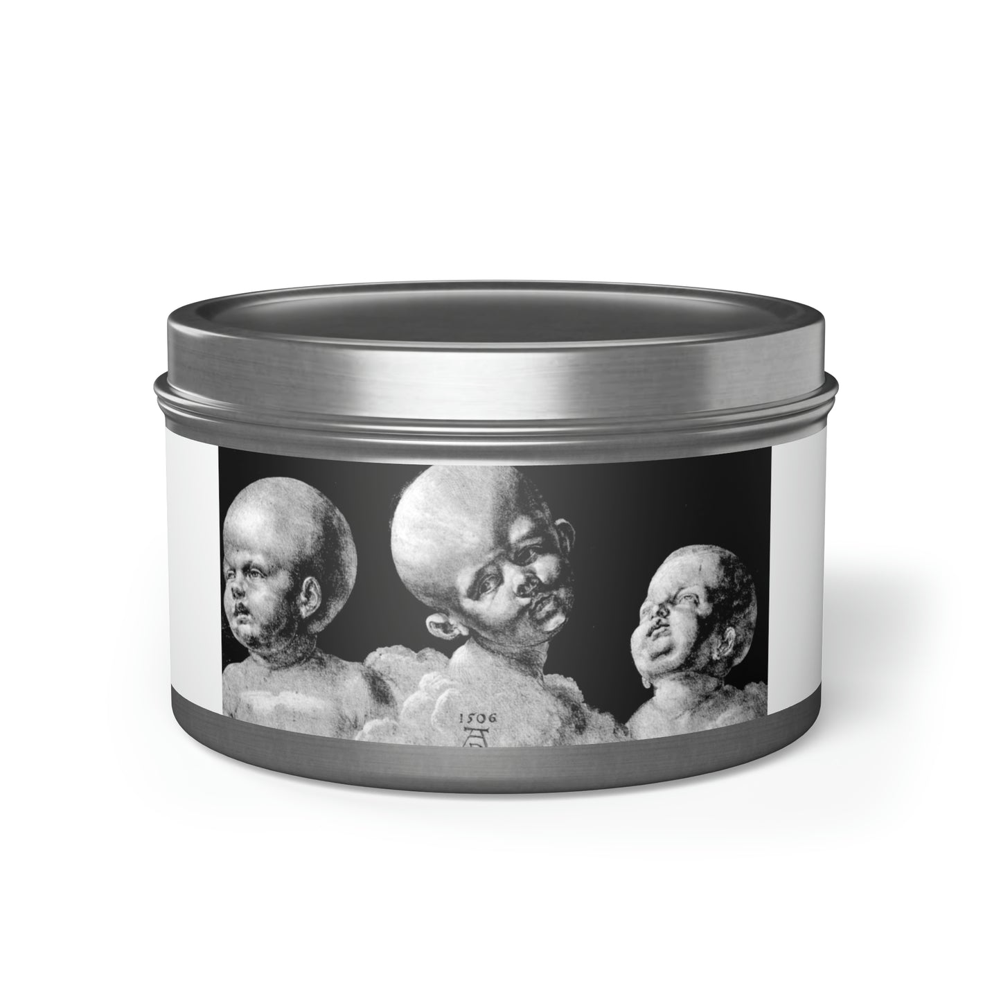 a tin with a picture of two men in it