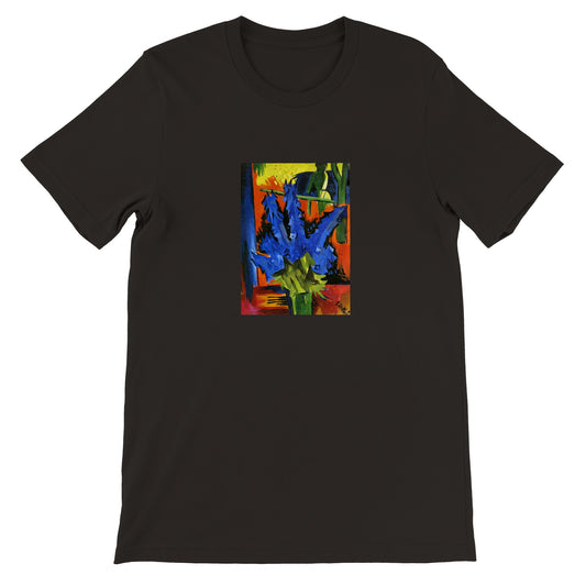 a black t - shirt with blue flowers on it