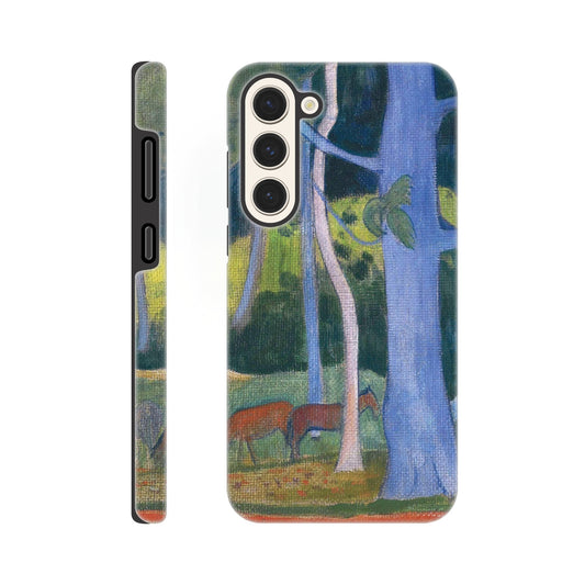 a phone case with a painting of trees and animals