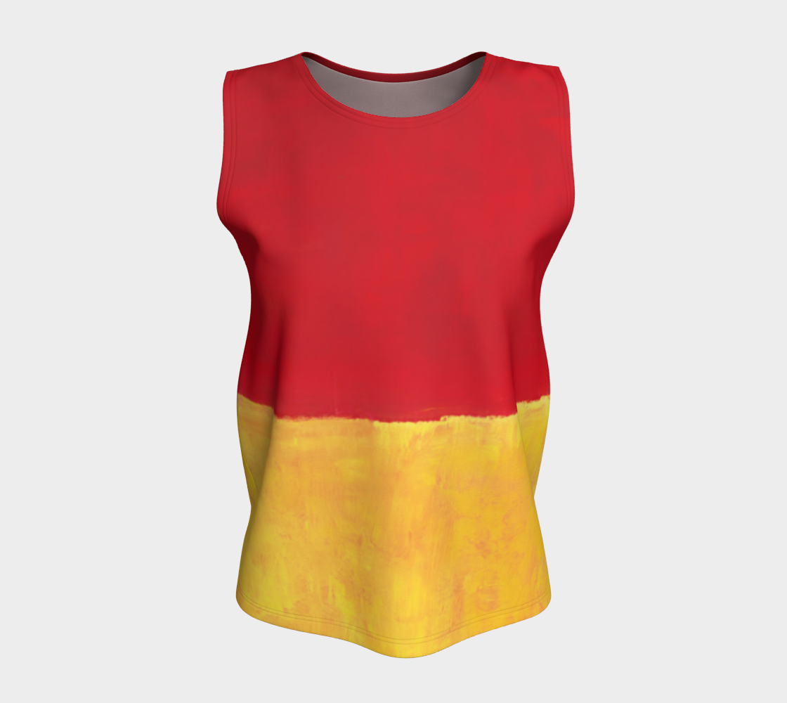 a women's tank top with a yellow and red design