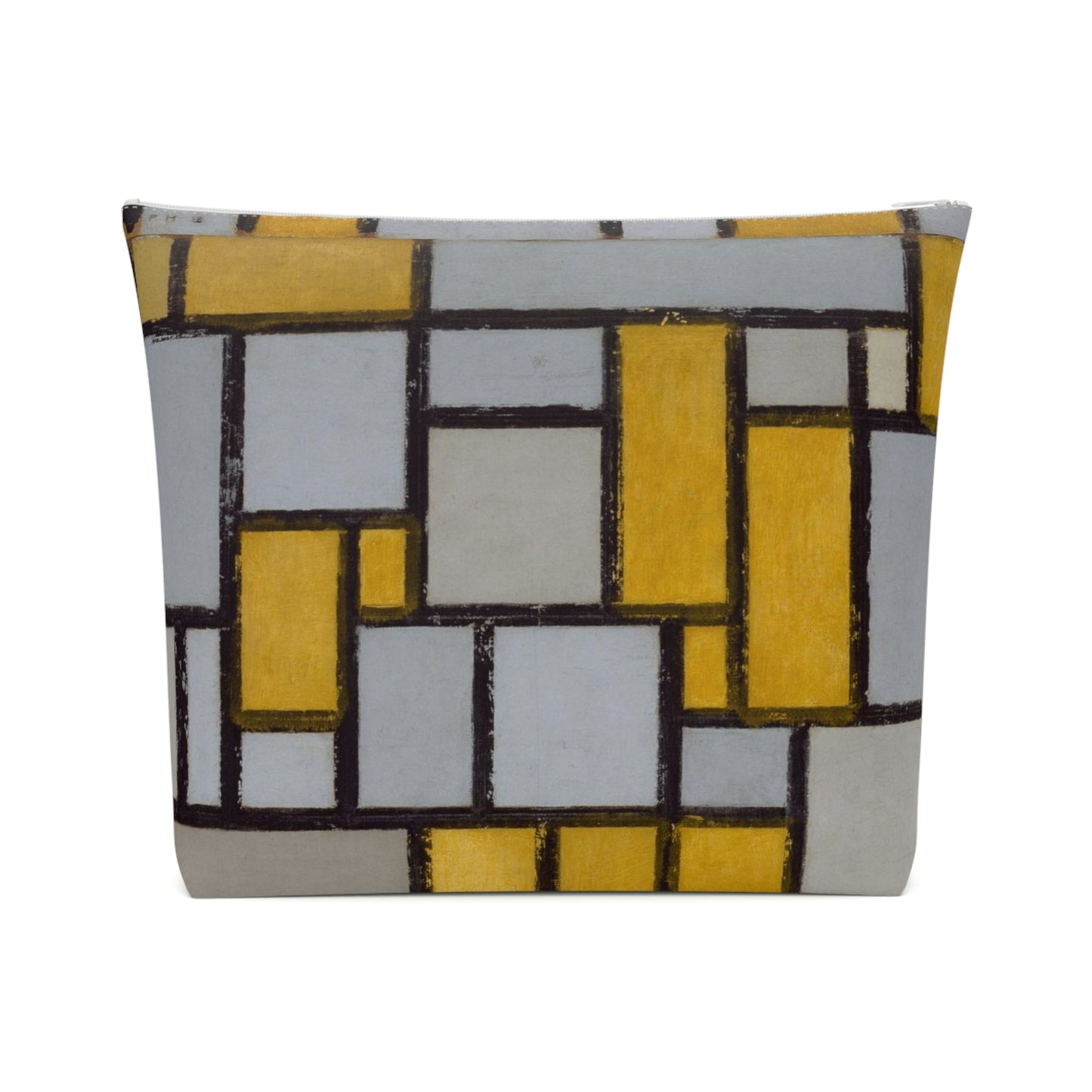 a yellow and grey pillow with squares on it