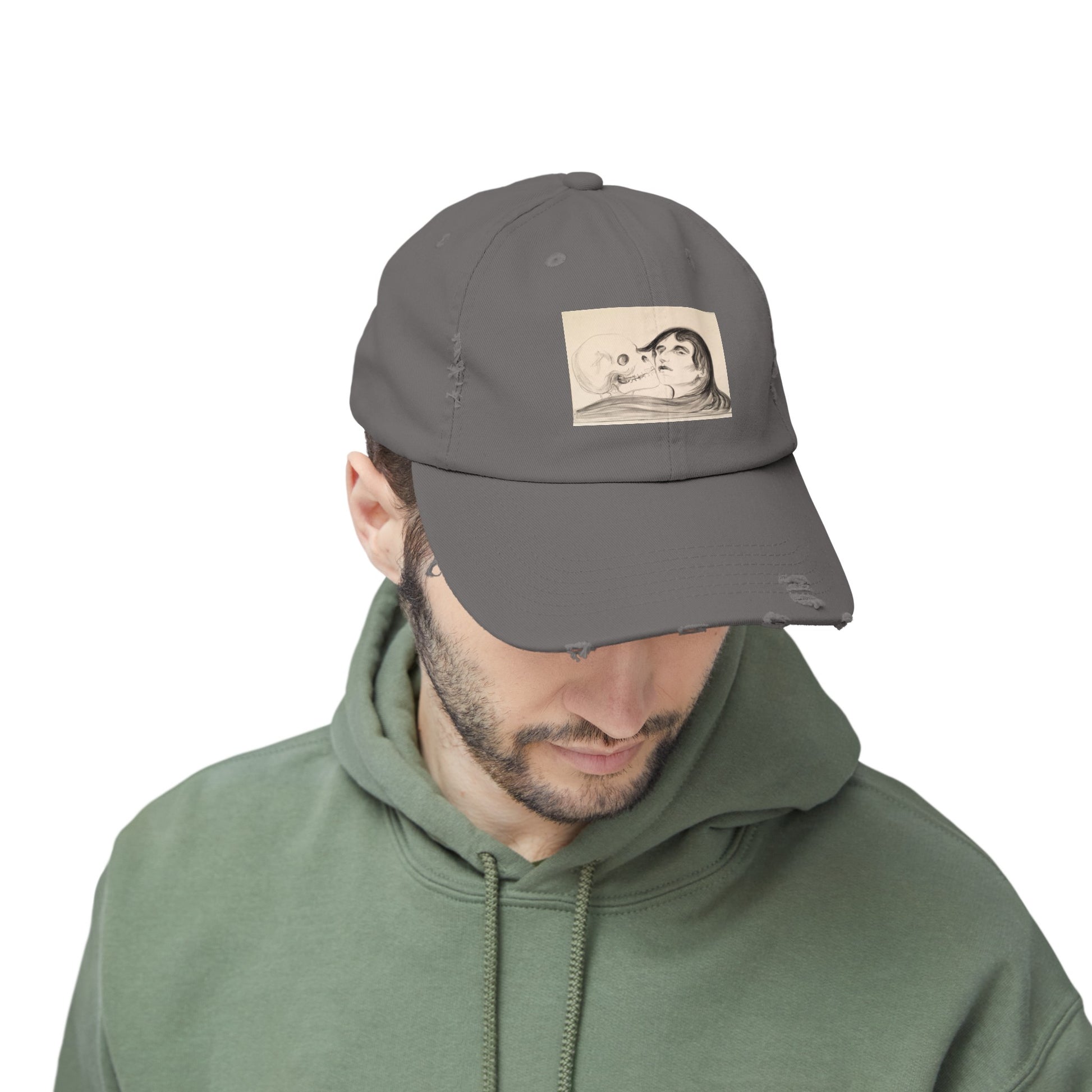 a man wearing a gray hat with a picture of a dog on it