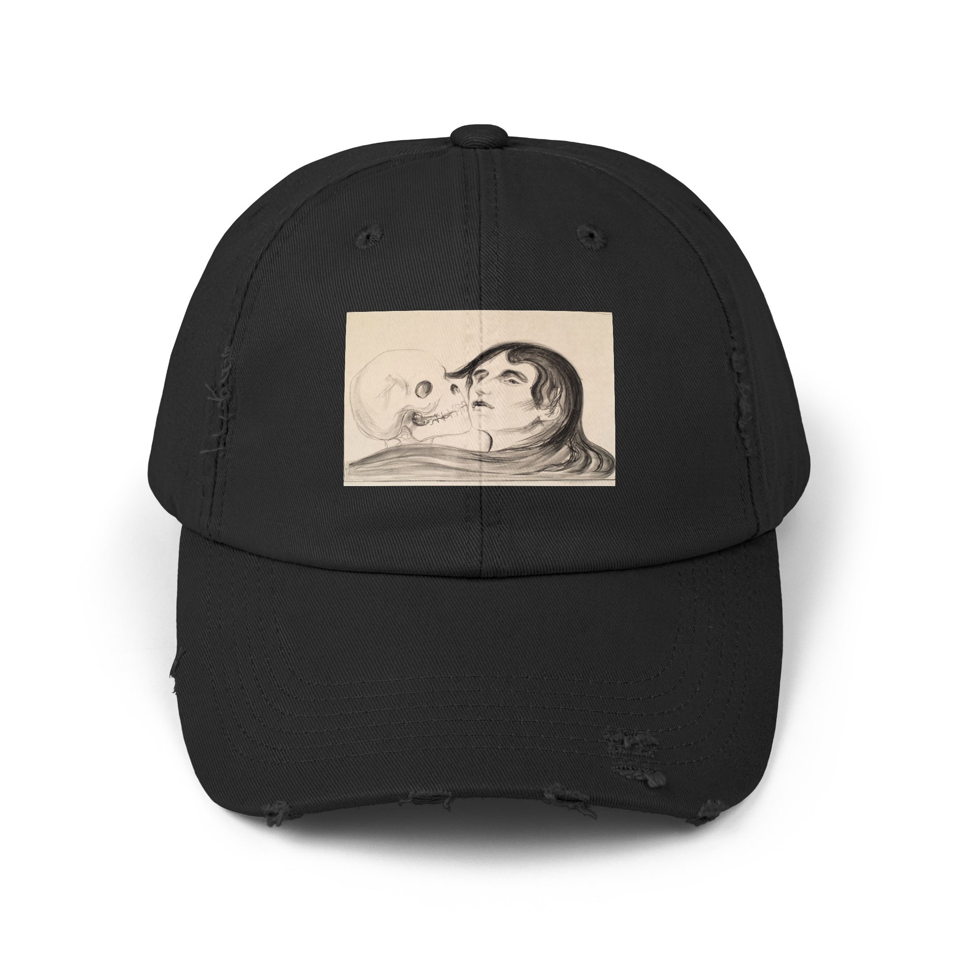 a black hat with a drawing of a woman's face