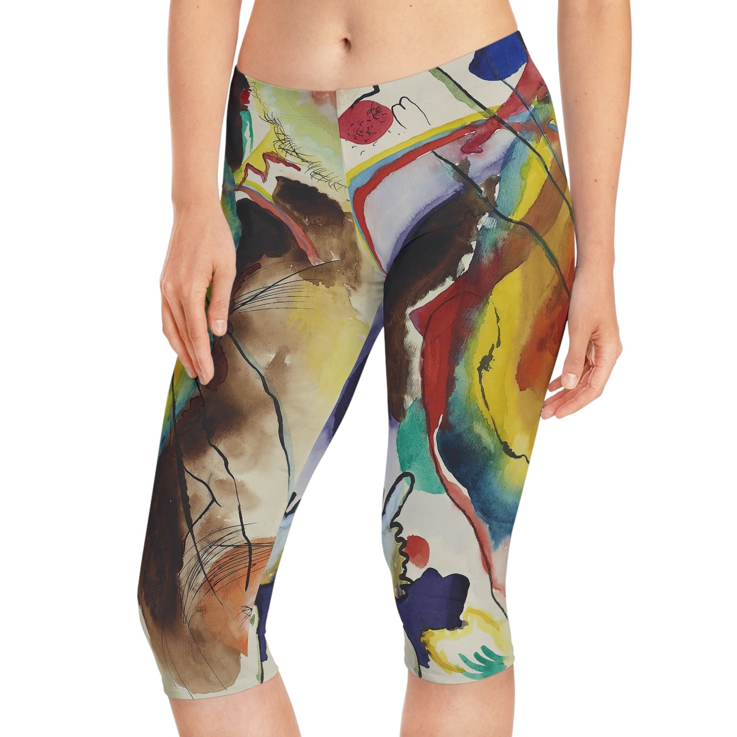 a woman wearing a colorful leggings with a painting on it