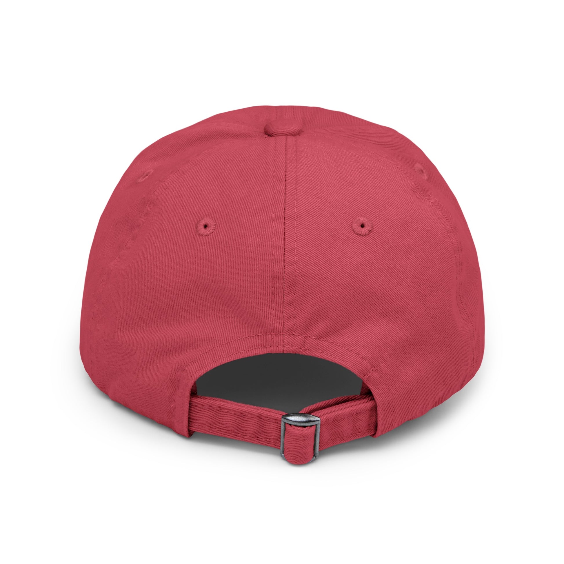 a red hat with a metal buckle on it