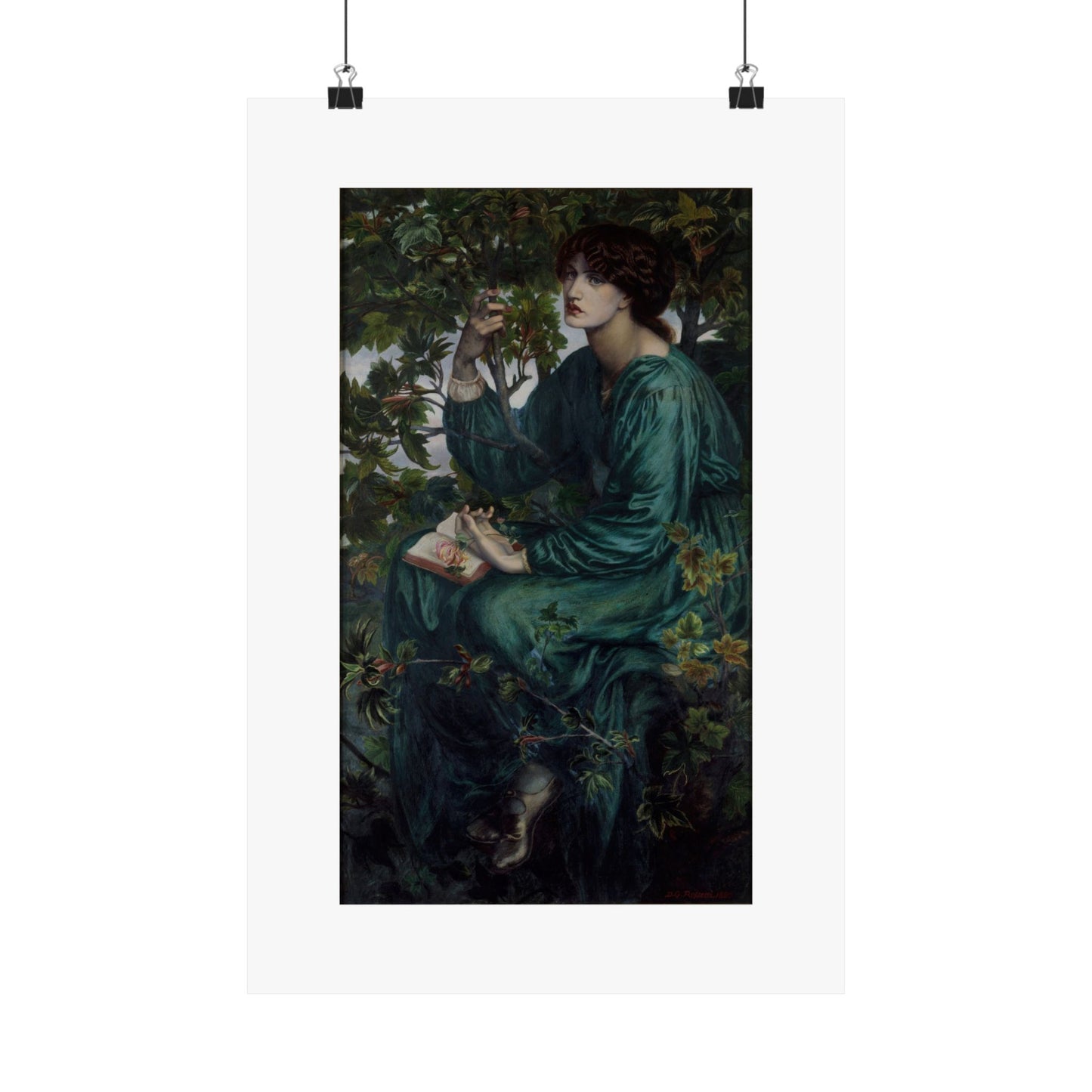 a painting of a woman sitting on a tree branch