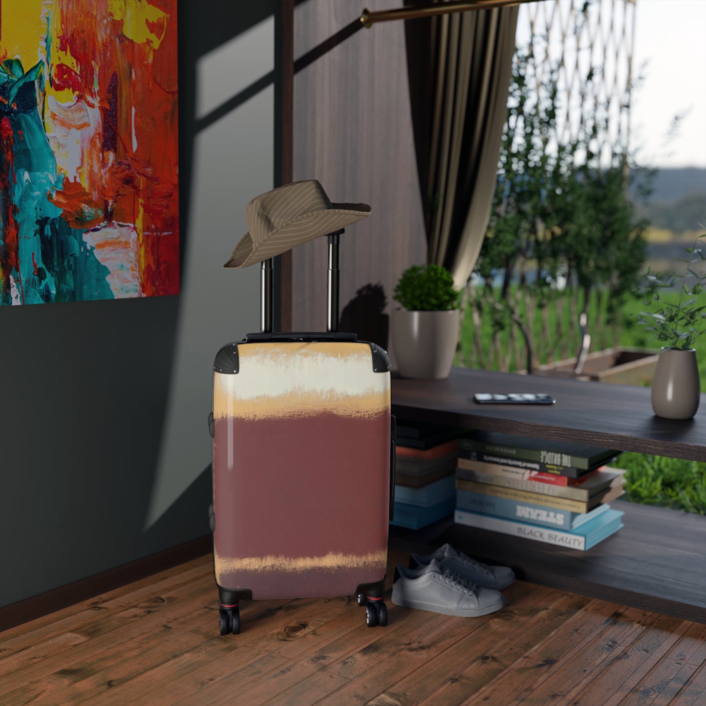a piece of luggage sitting on top of a wooden floor