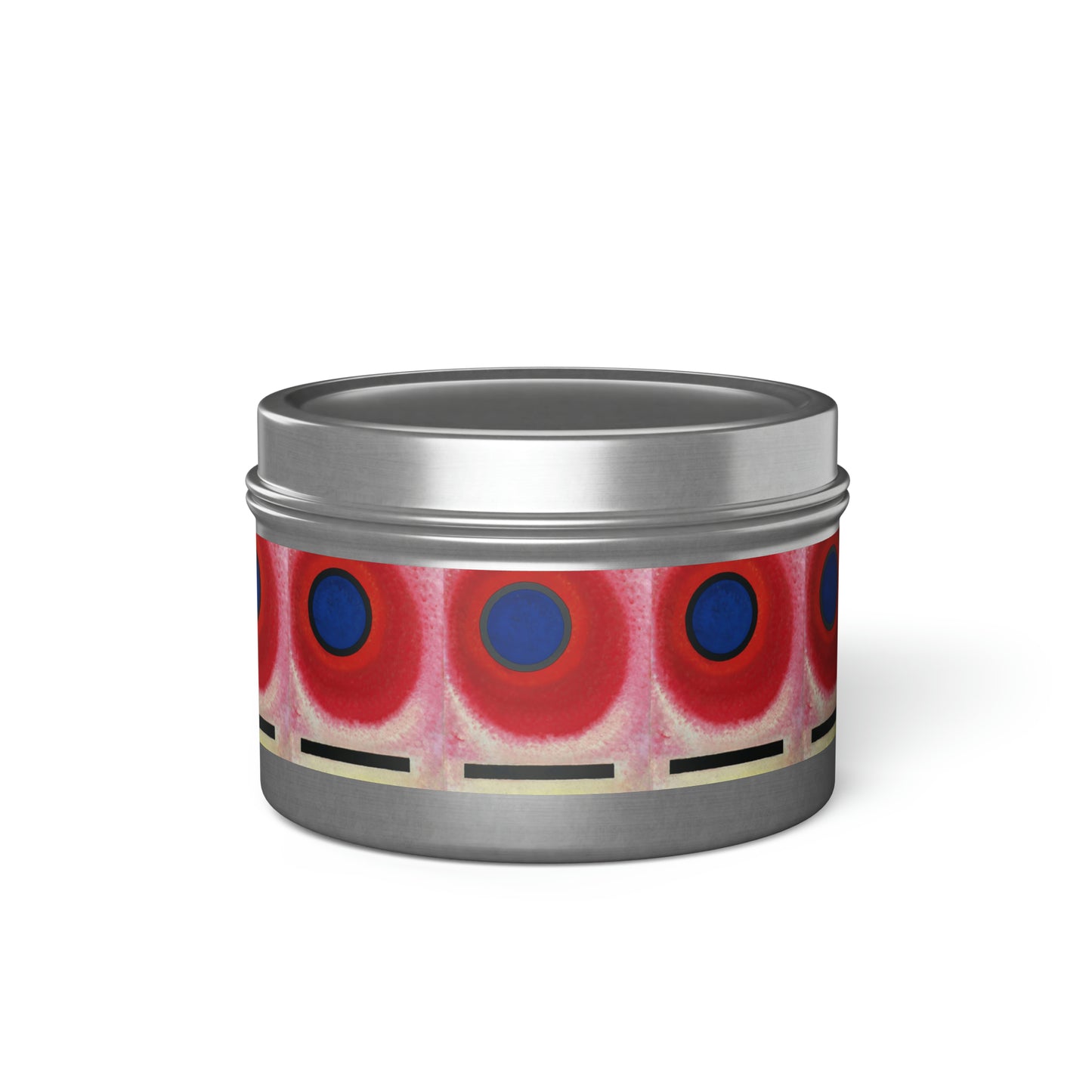 a tin with a red and blue design on it