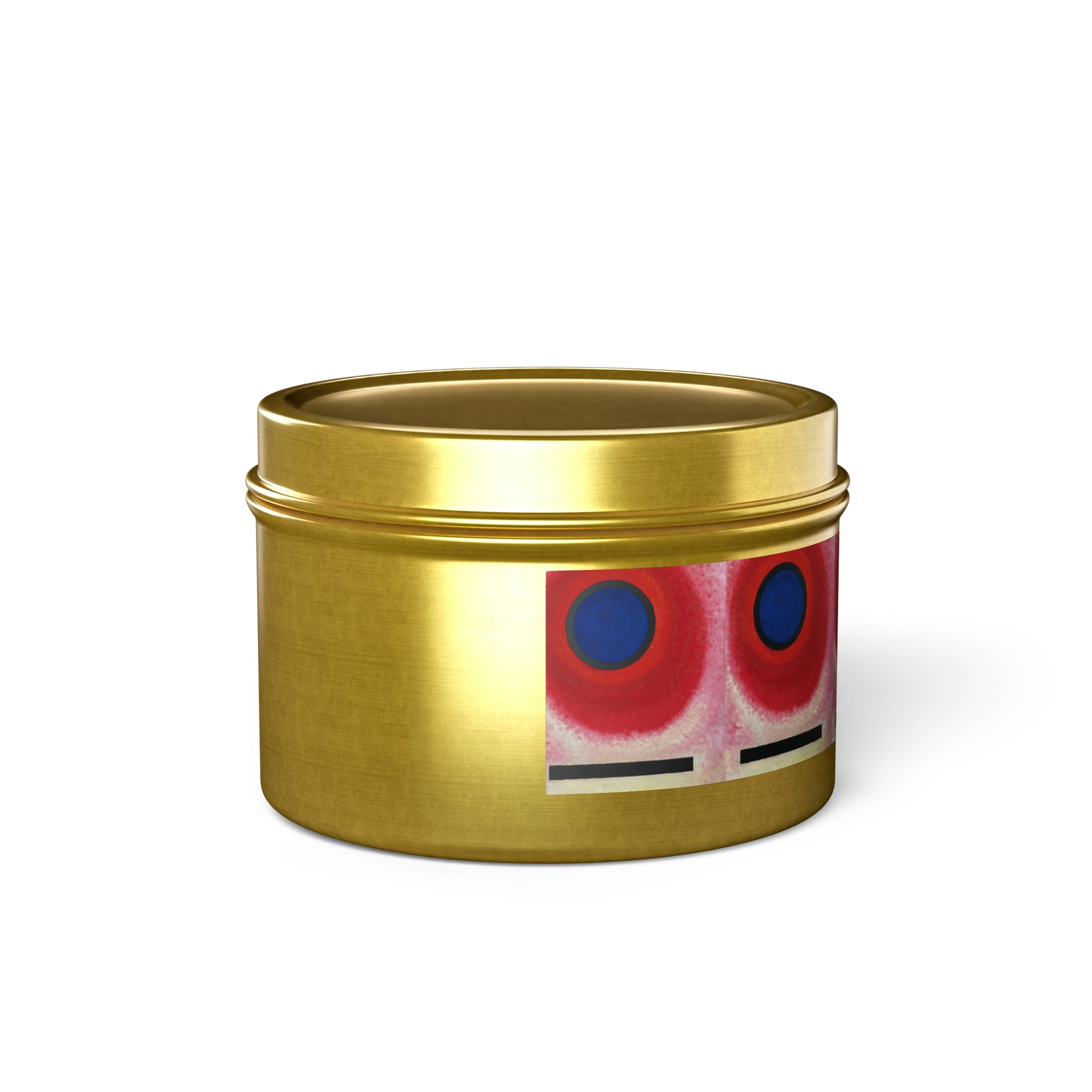 a gold tin with a red and blue design on it