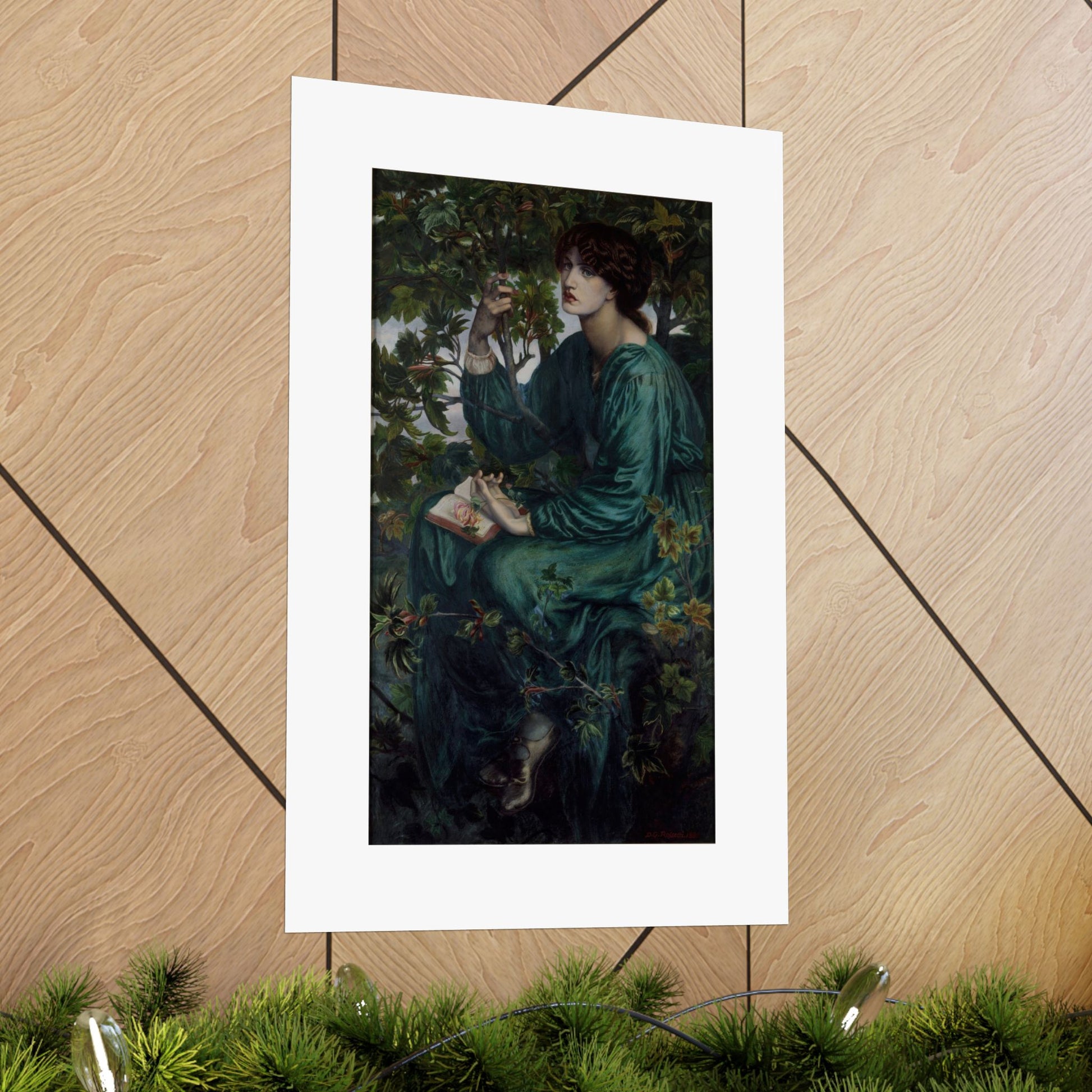 a painting of a woman sitting on a tree branch