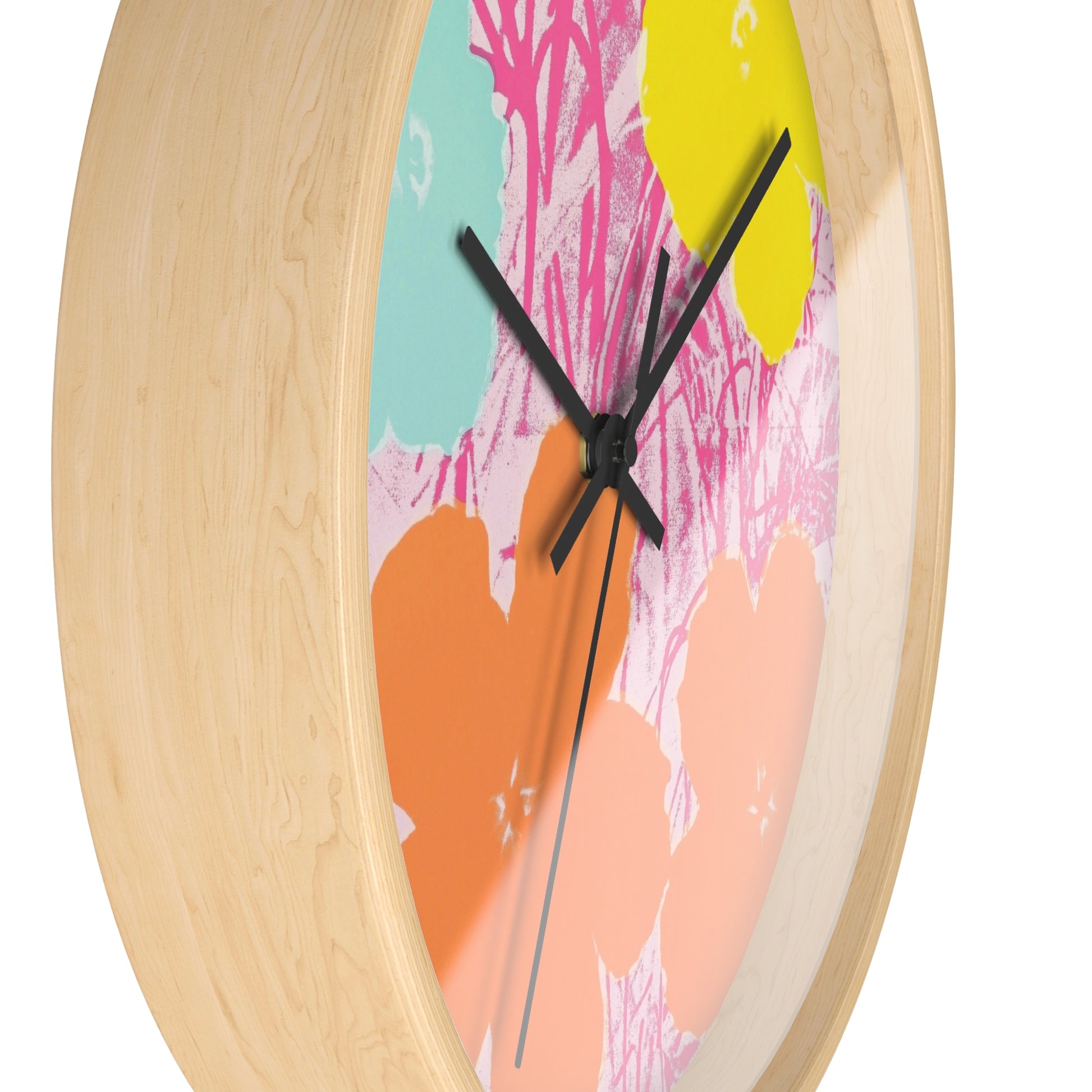 a wooden clock with a colorful design on it