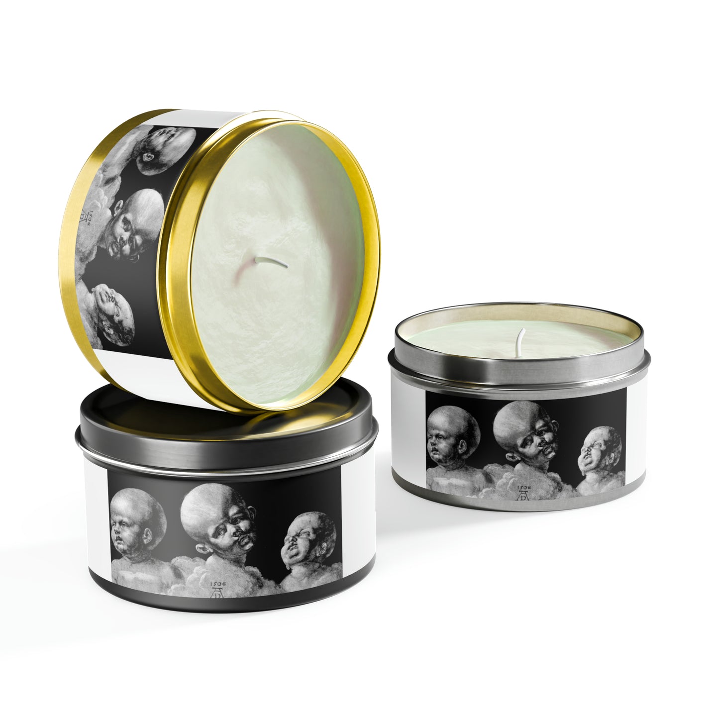 a candle in a tin with a picture of a skull on it