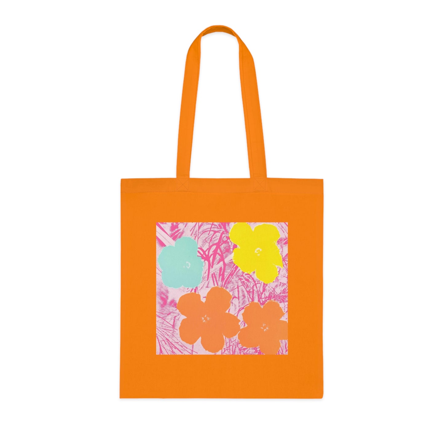 an orange tote bag with flowers on it