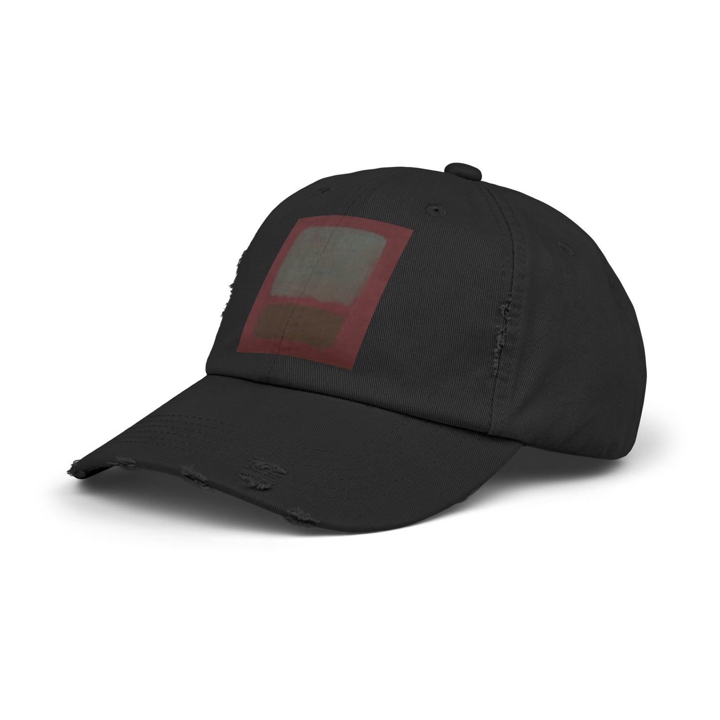 a black hat with a red patch on the front