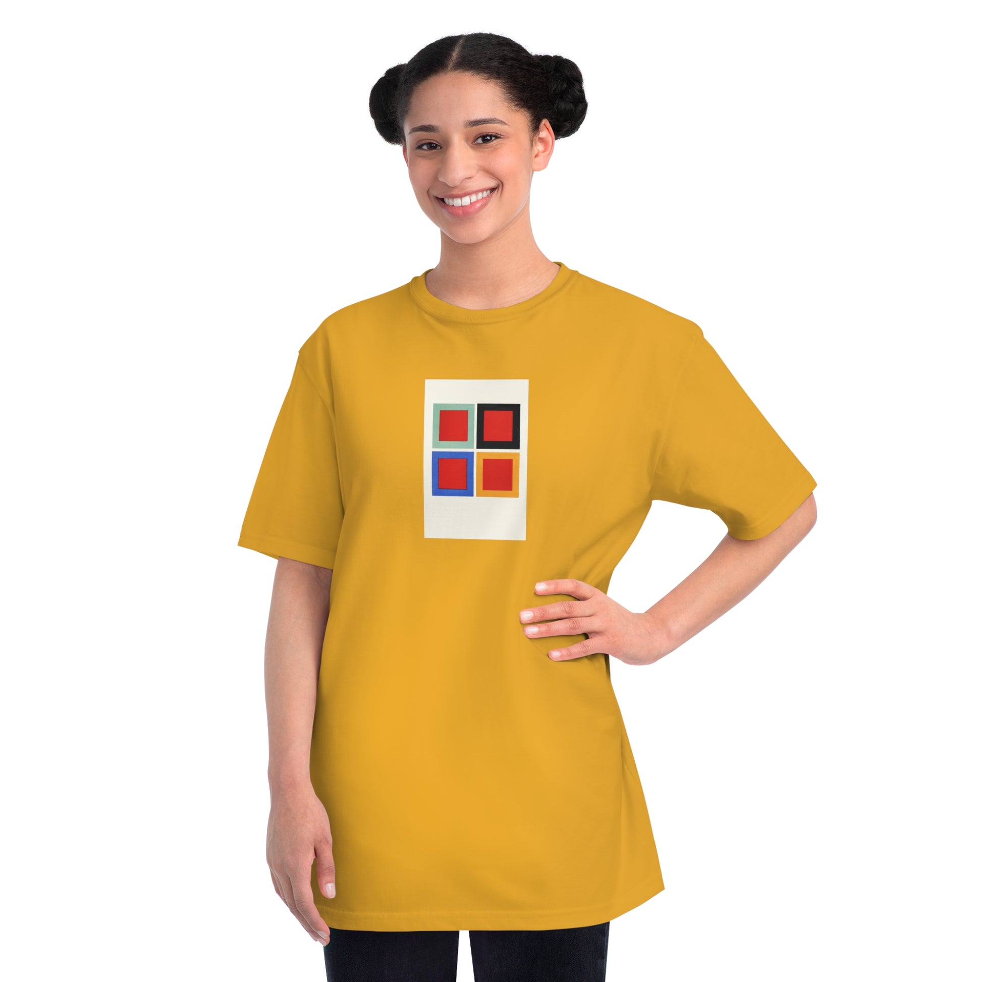 a woman wearing a yellow t - shirt with a red, blue, and green