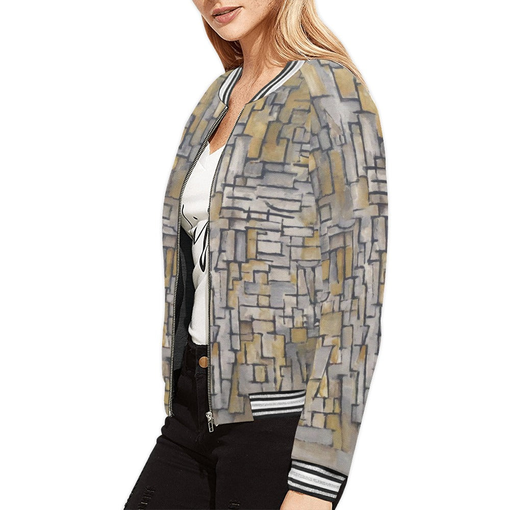 a woman wearing a jacket with a pattern on it