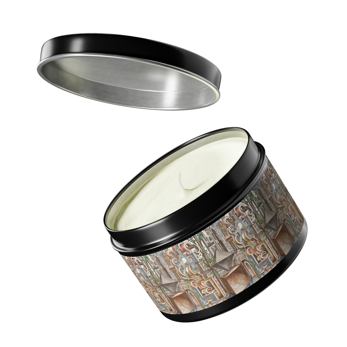 a tin with a candle inside of it