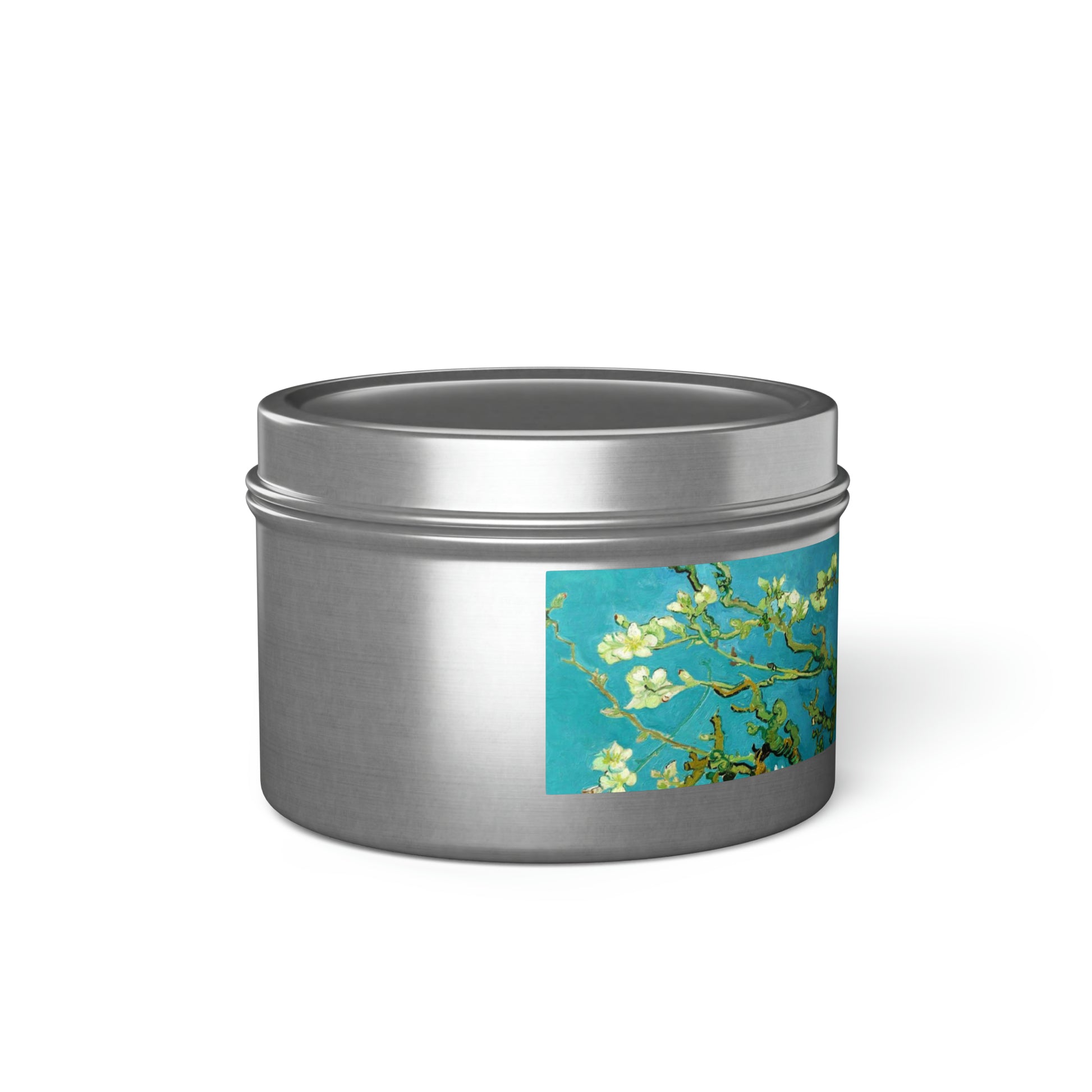 a tin with a picture of a flower on it