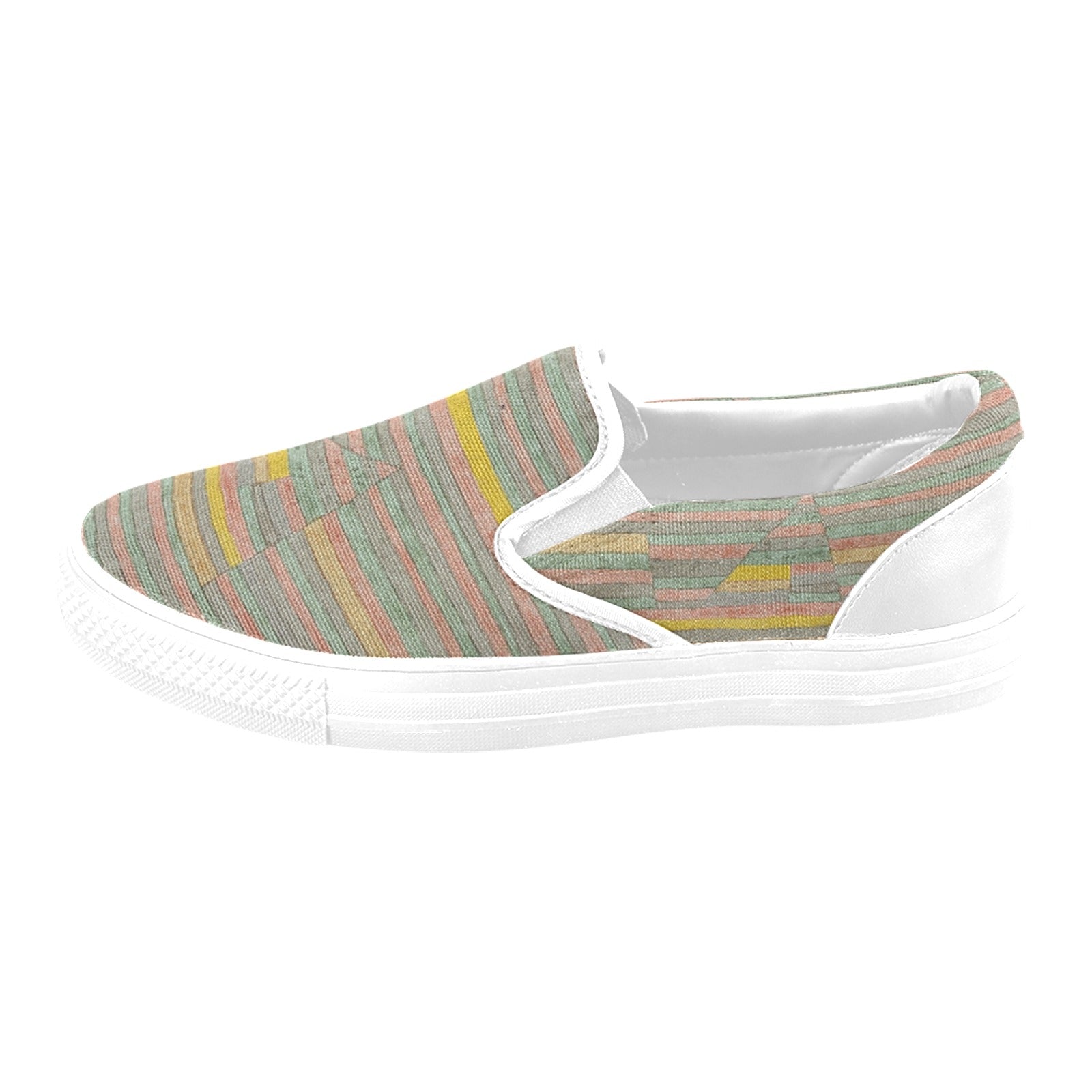 a women's slip on shoe with a multicolored pattern