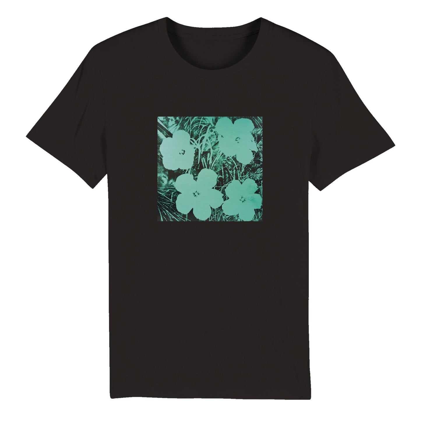 a black t - shirt with green flowers on it