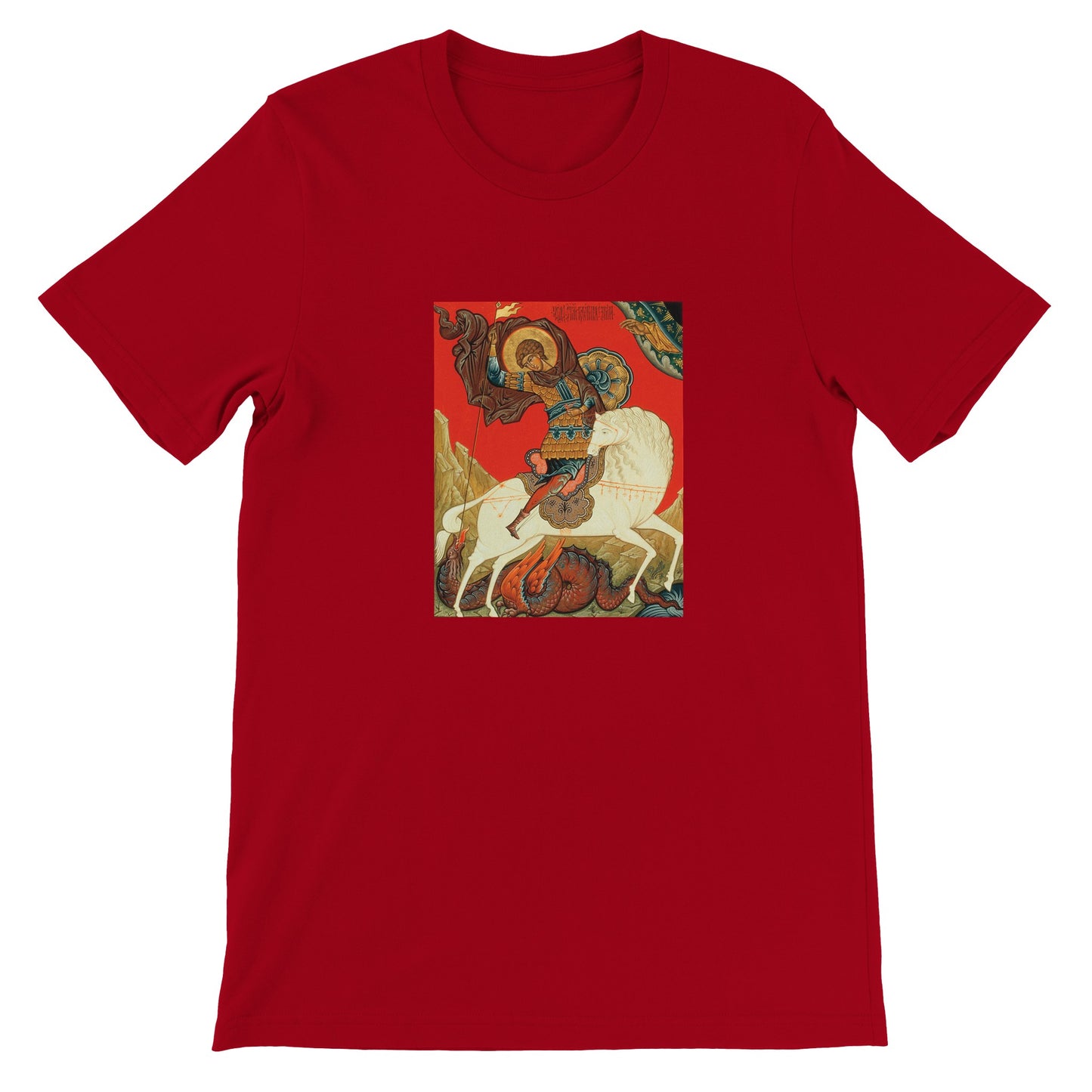 a red t - shirt with a painting of a man riding a horse