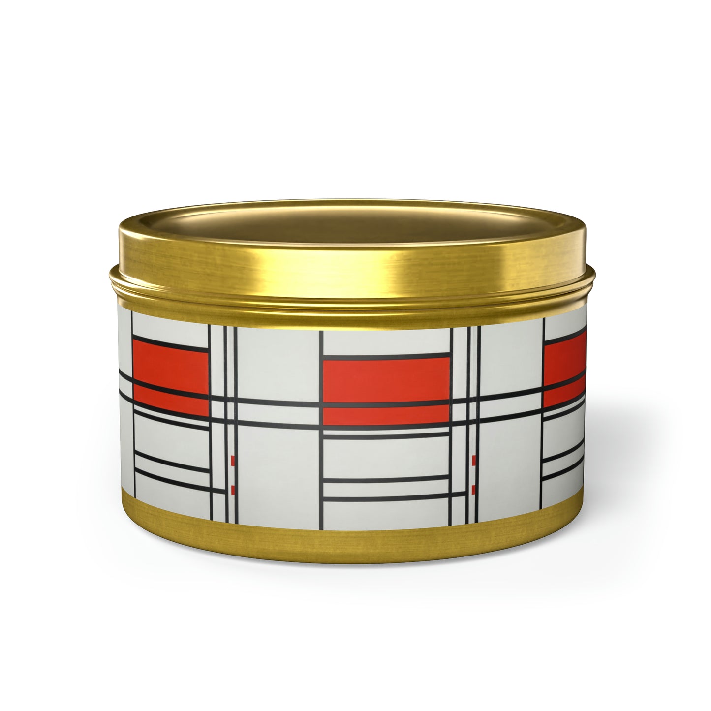 a white and red container with a gold rim