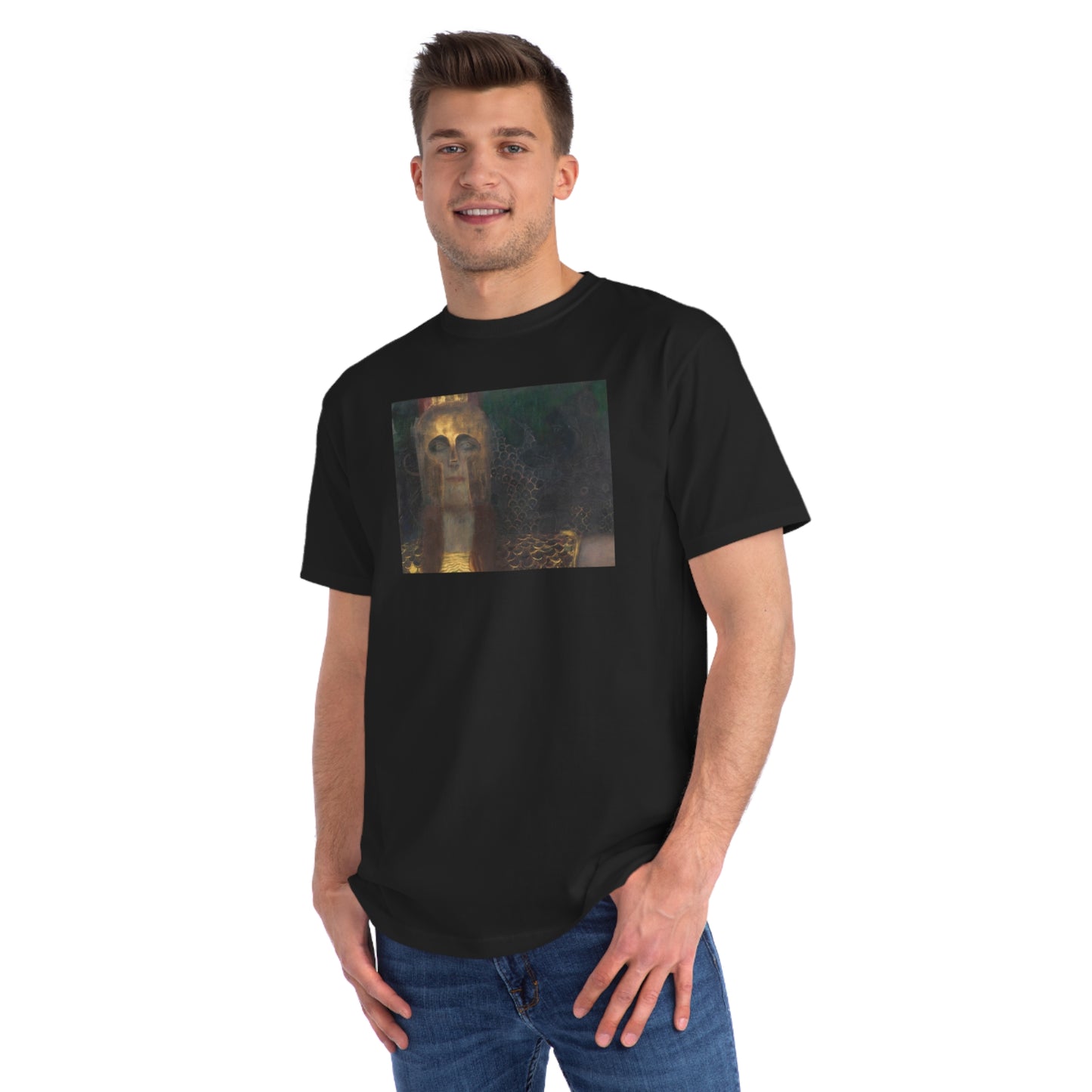 a man wearing a black t - shirt with a picture of a dog on it