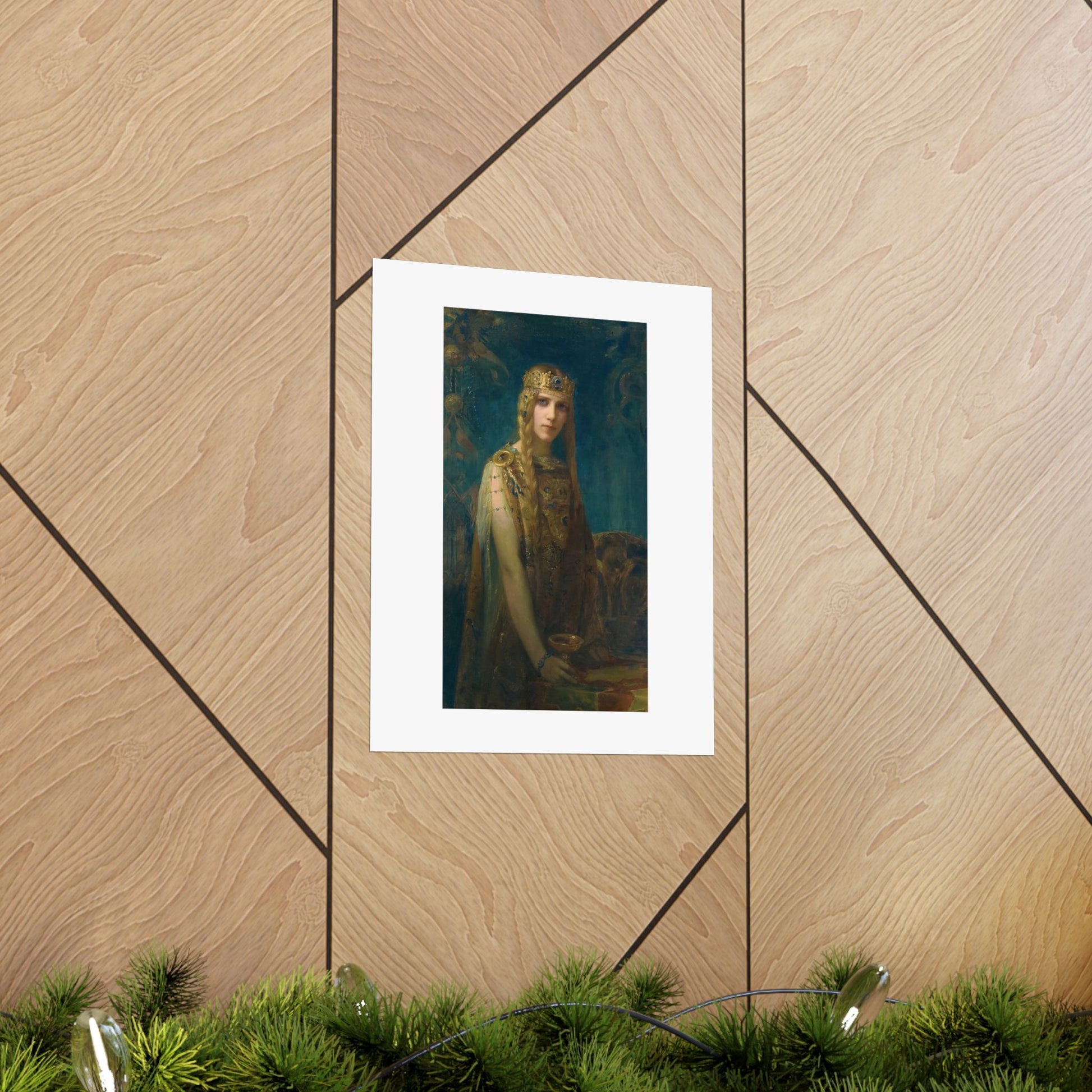 a picture of a woman is hanging on a wall