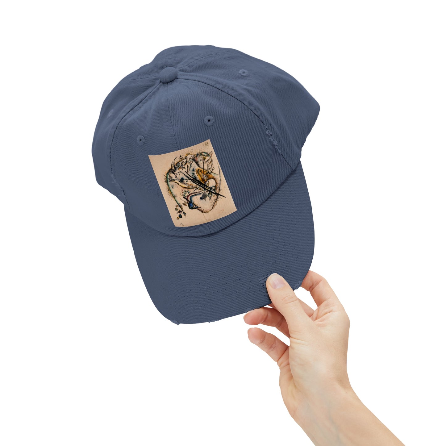 a blue hat with a picture of a dragon on it