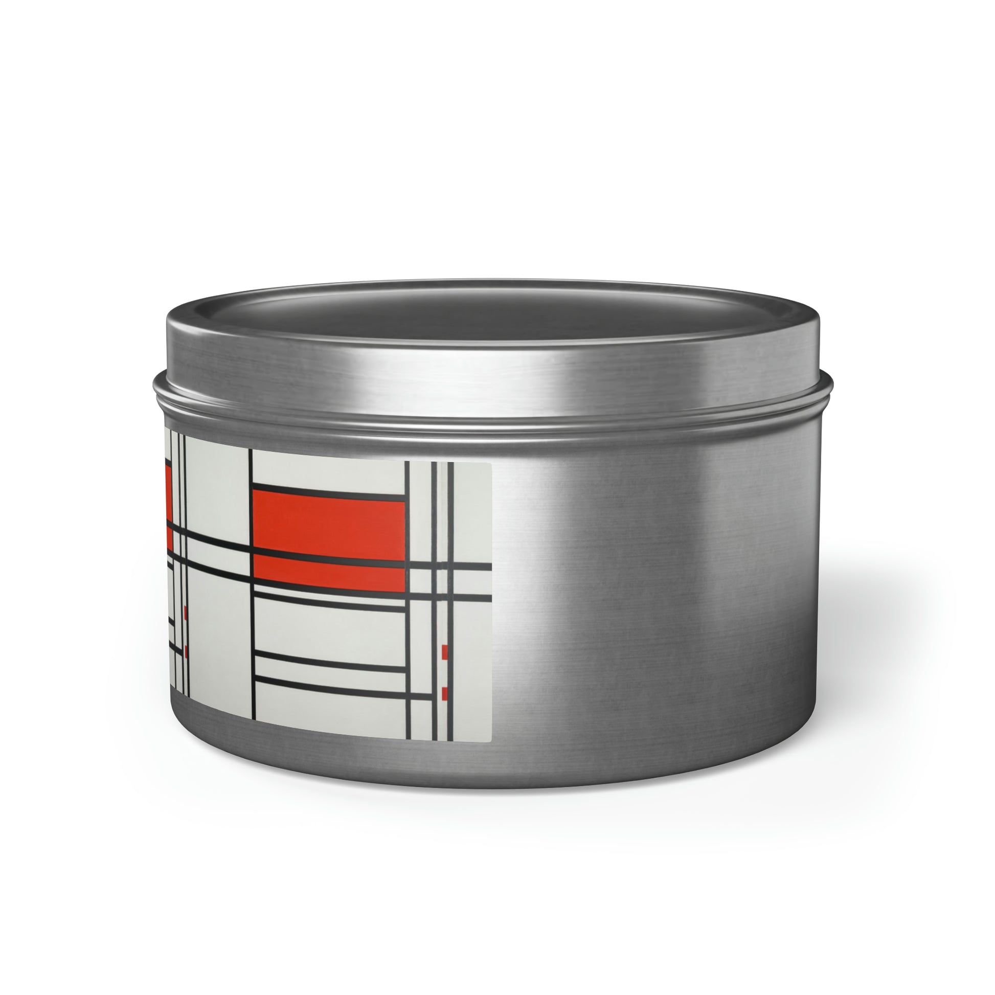 a tin with a red and white design on it