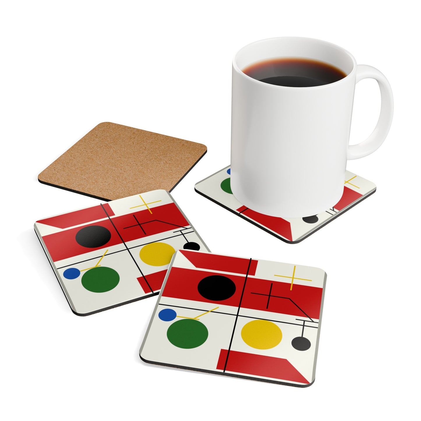 MYRIAM THYES - FOUR SPACES WITH PLANES, CIRCLES AND CROSS - CORKWOOD COASTER SET