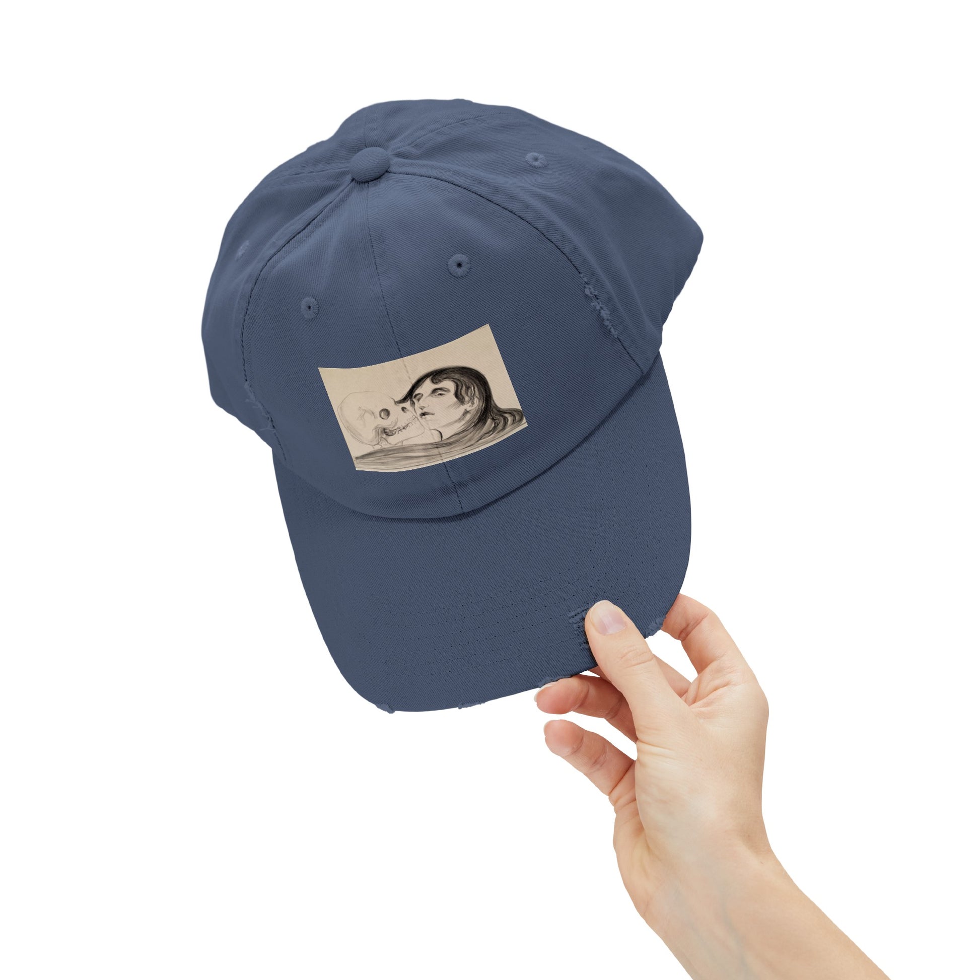 a blue hat with a picture of a man's face on it