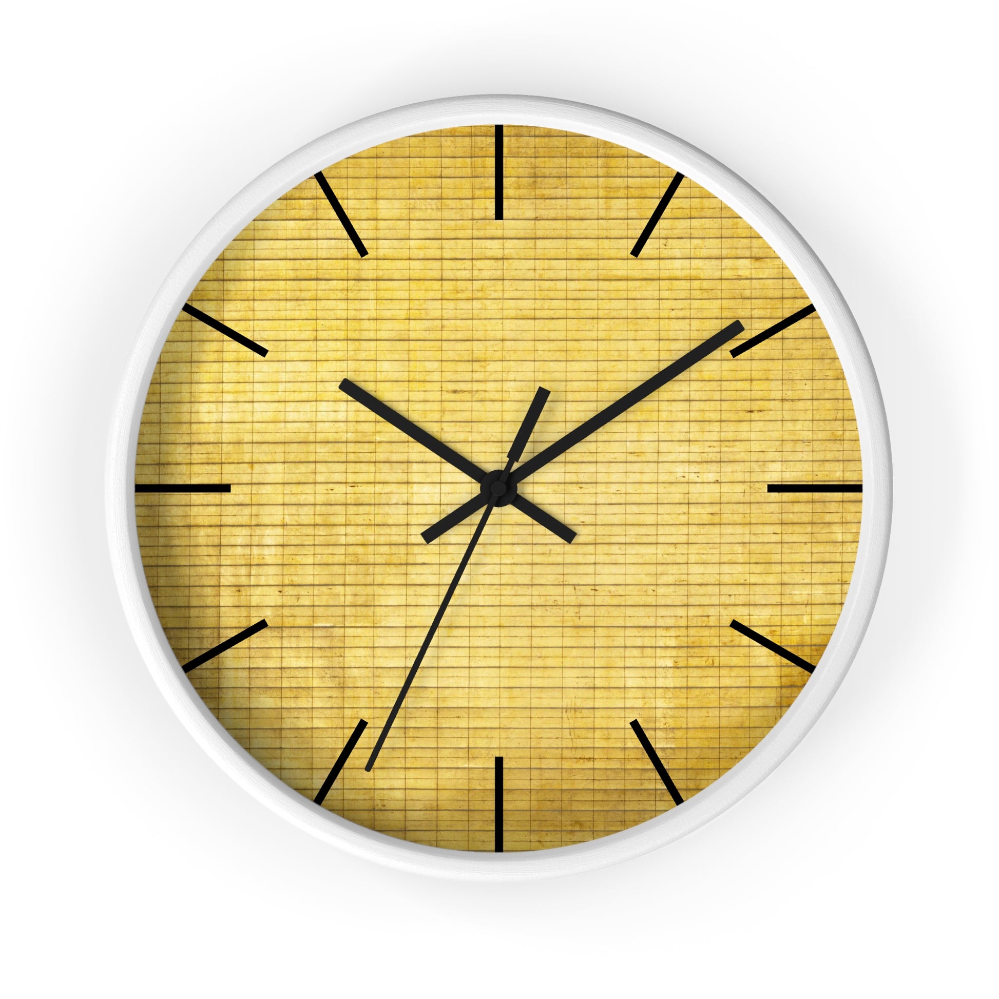 a white clock with a yellow face and black hands