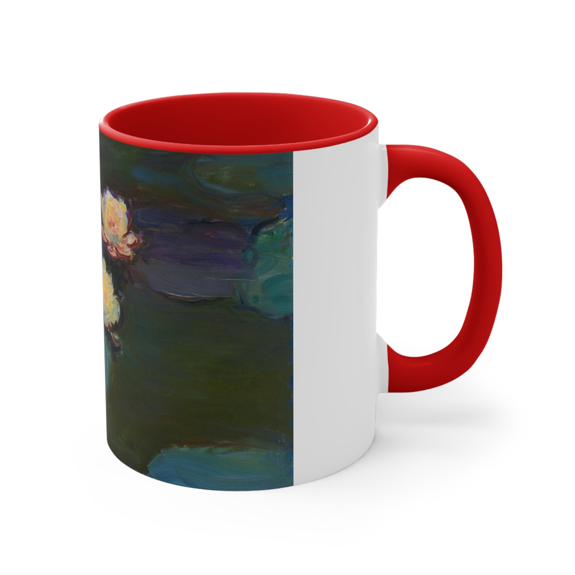 a red and white coffee mug with a painting of a flower
