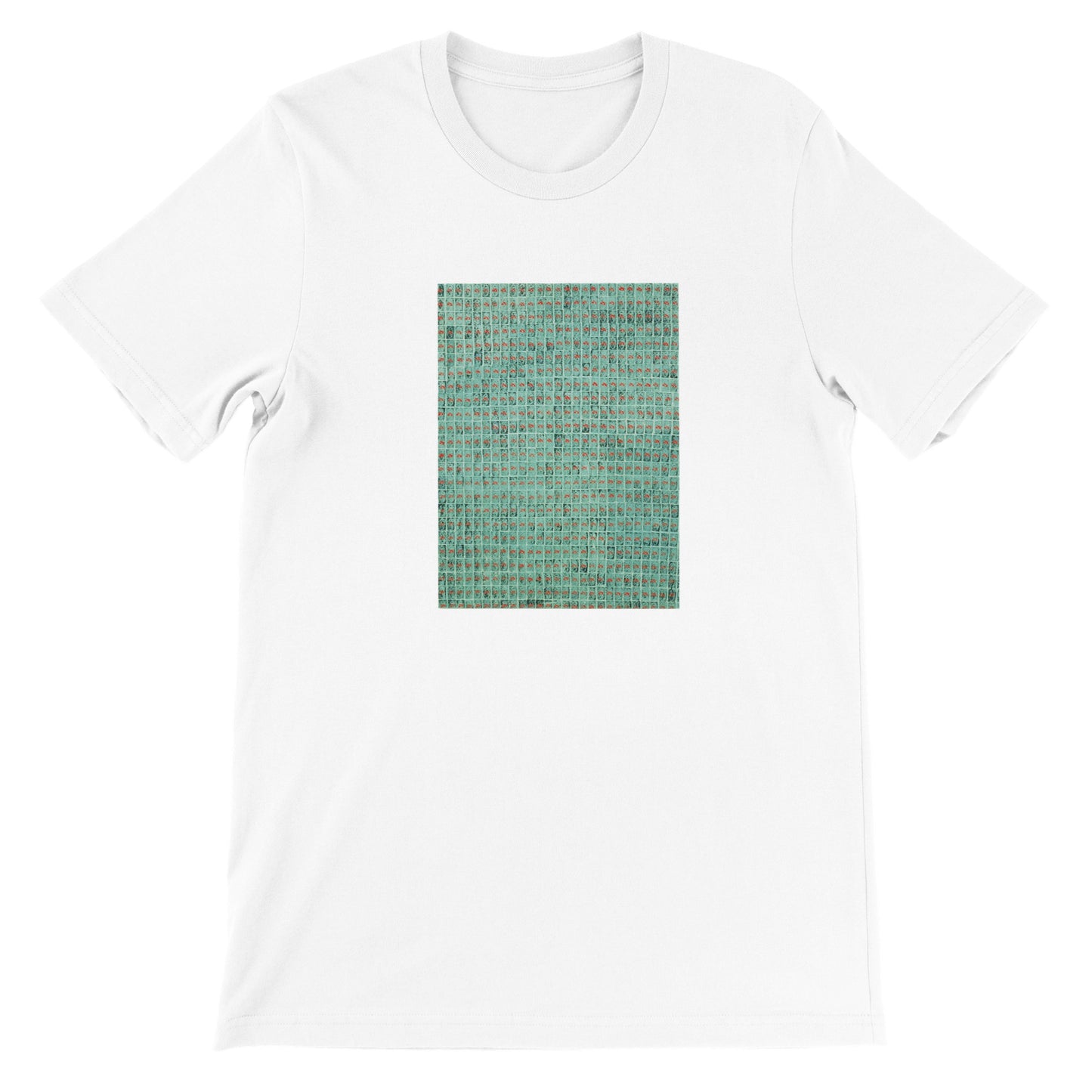 a white t - shirt with a green background