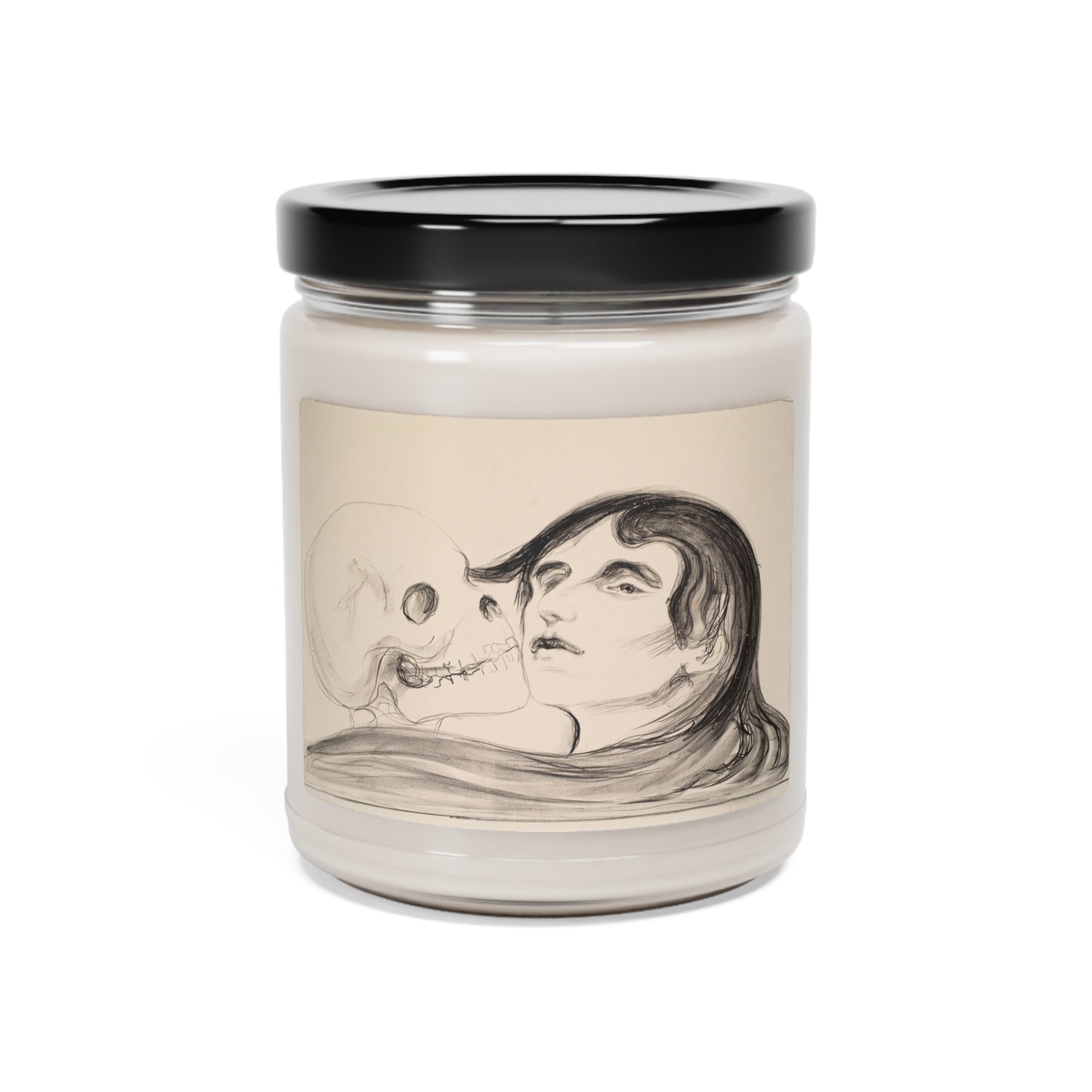 a candle with a drawing of a woman and a cat on it