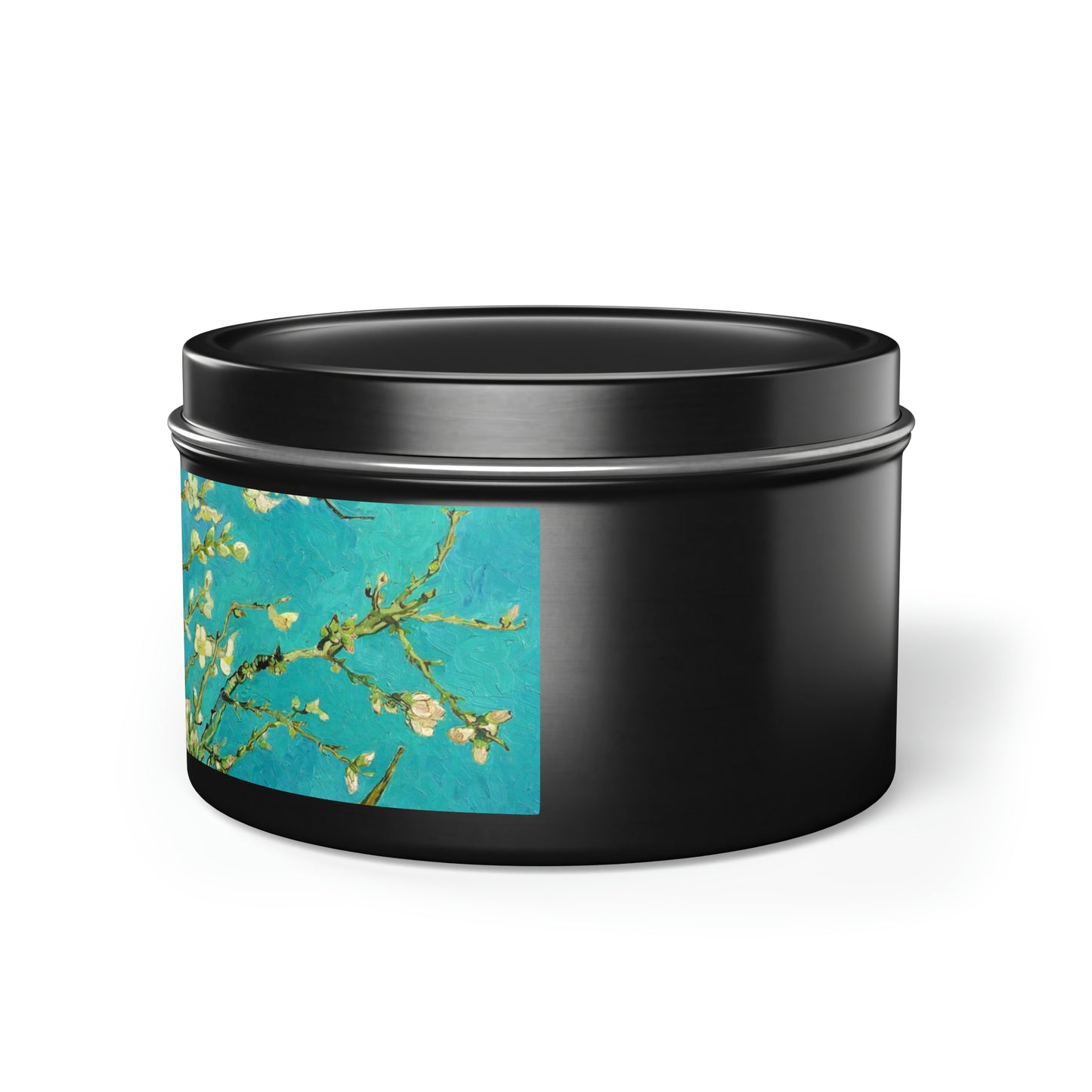a black container with a picture of a branch of a blossoming tree