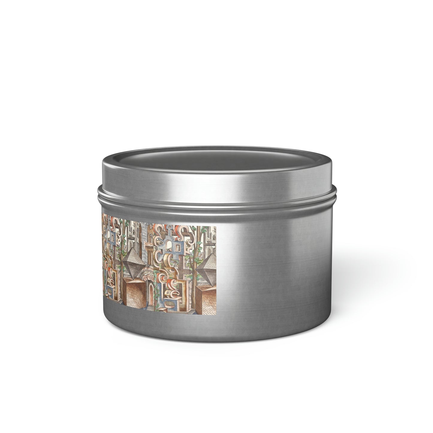 a metal container with a painting on it