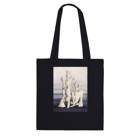 a black tote bag with a picture of a group of people