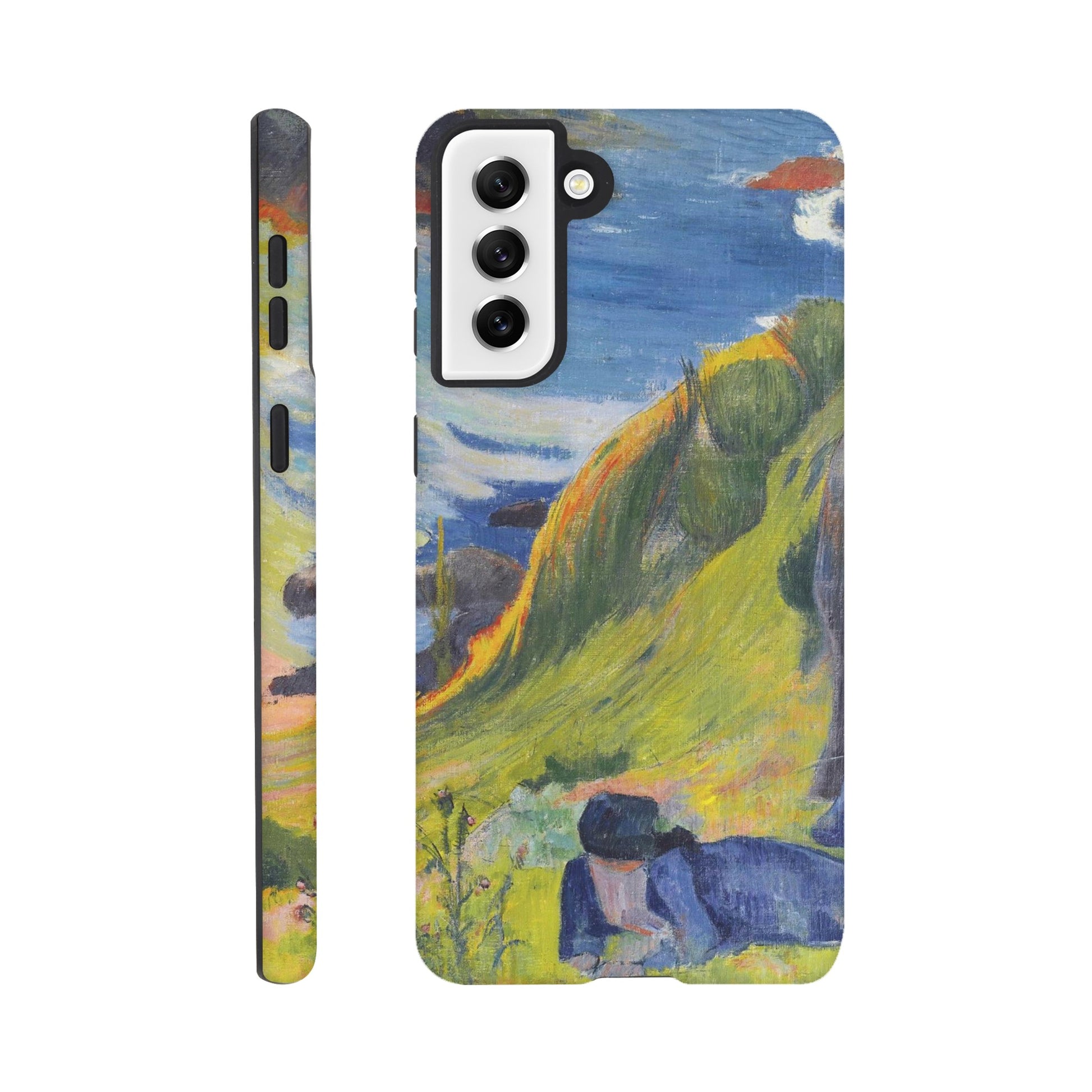 a phone case with a painting of two people on a hill