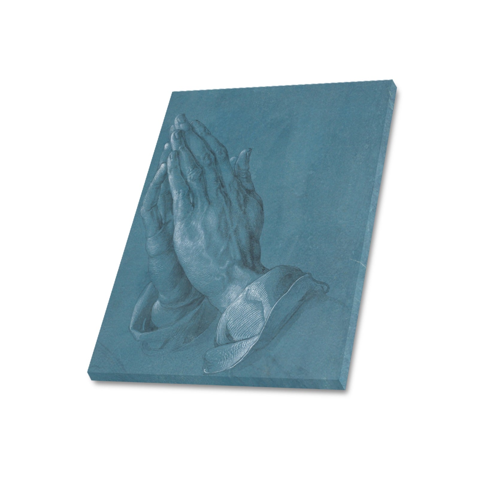a drawing of a praying hands on a blue background