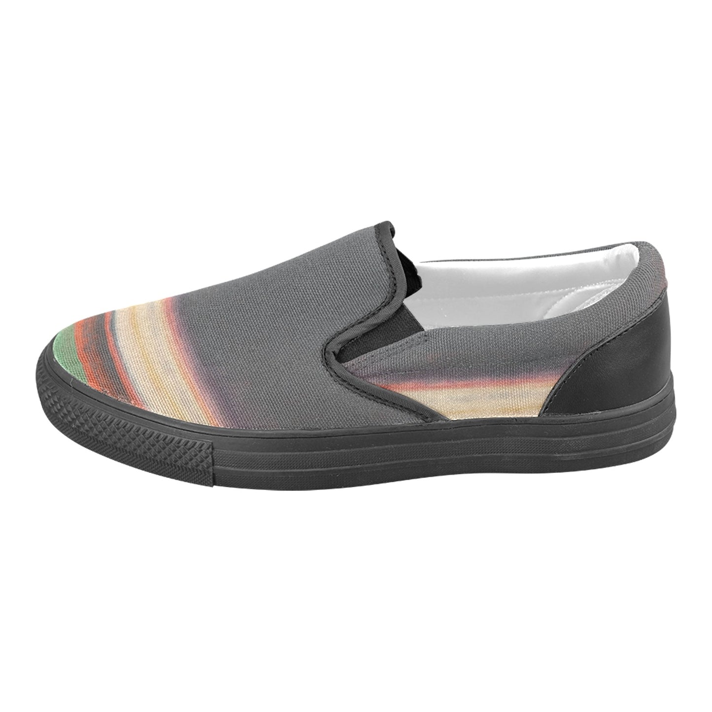 a gray slip on shoe with multicolored stripes