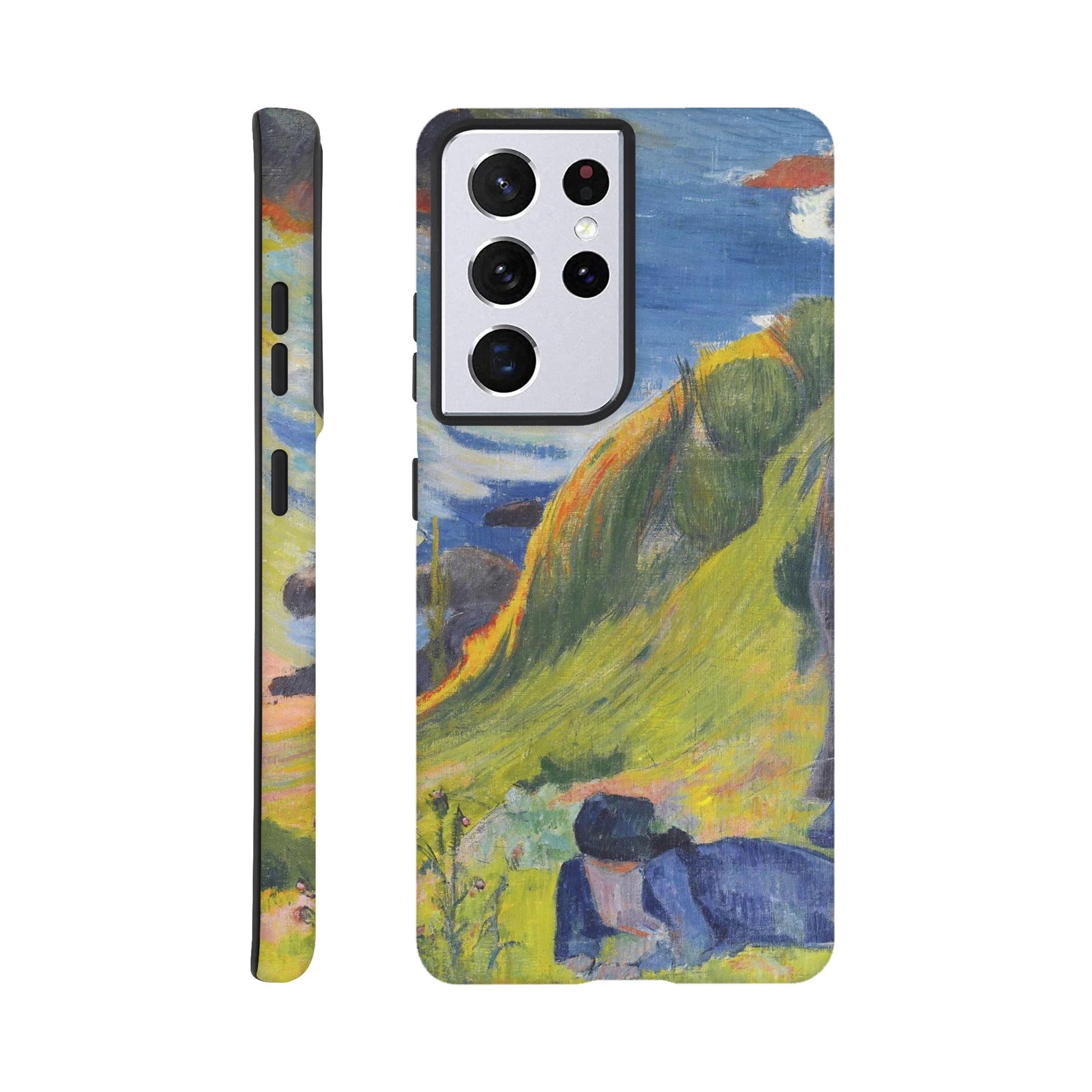 a phone case with a painting of a man and a dog