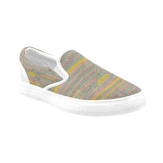 a women's slip on sneaker with a multicolored stripe pattern