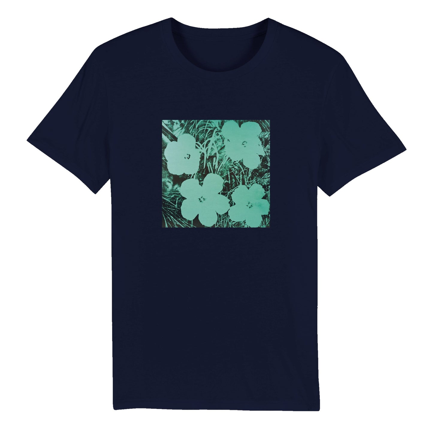 a blue t - shirt with green flowers on it