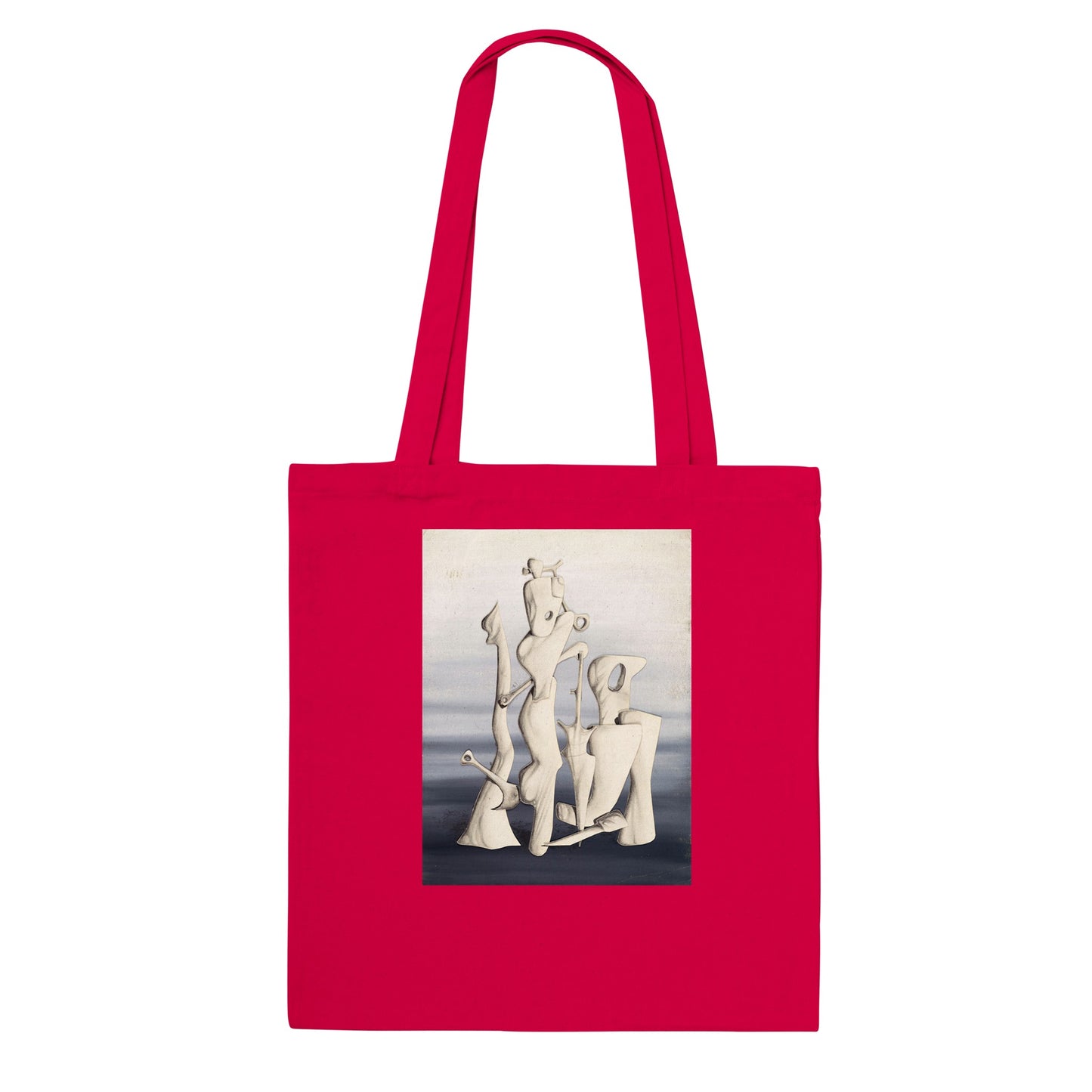 a red tote bag with a picture of two people