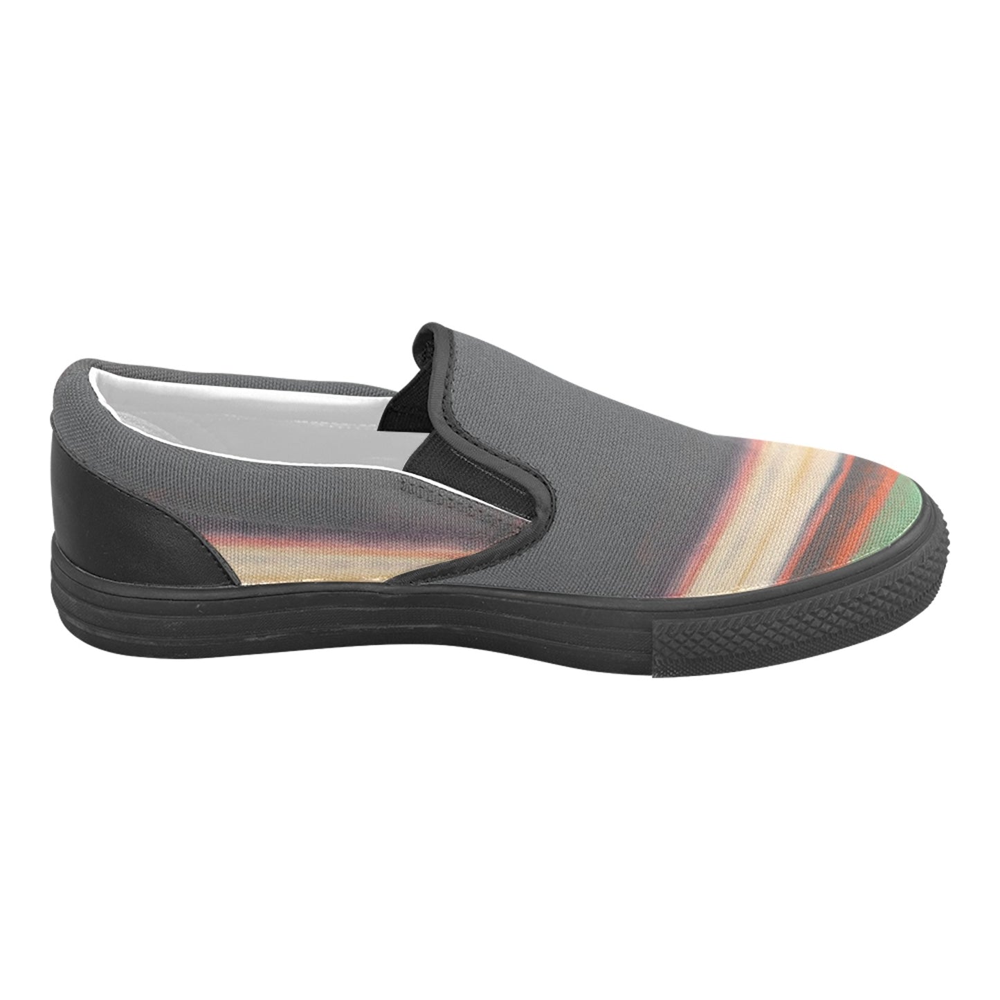 a pair of slip ons with a multicolored pattern