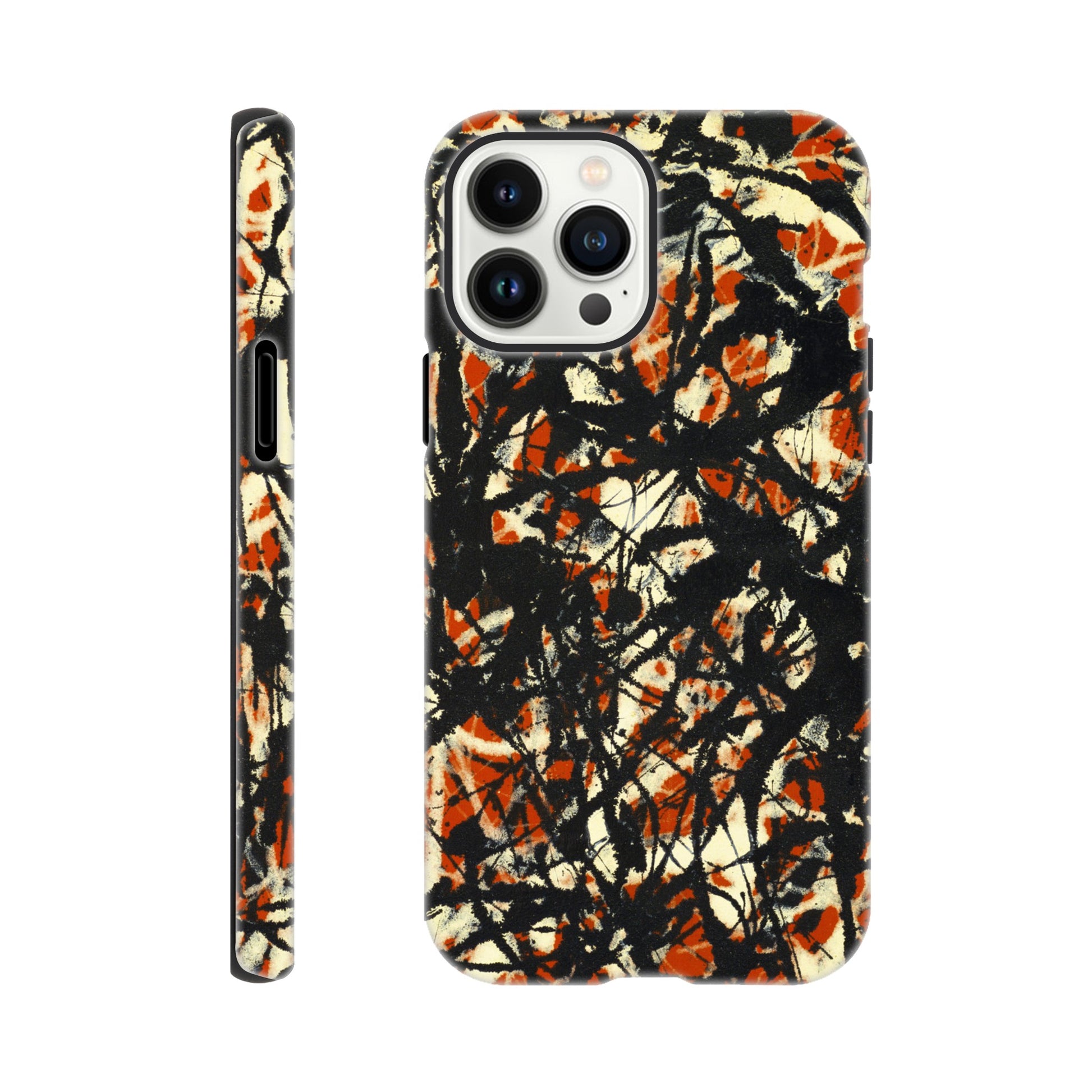 a phone case with a black and orange design