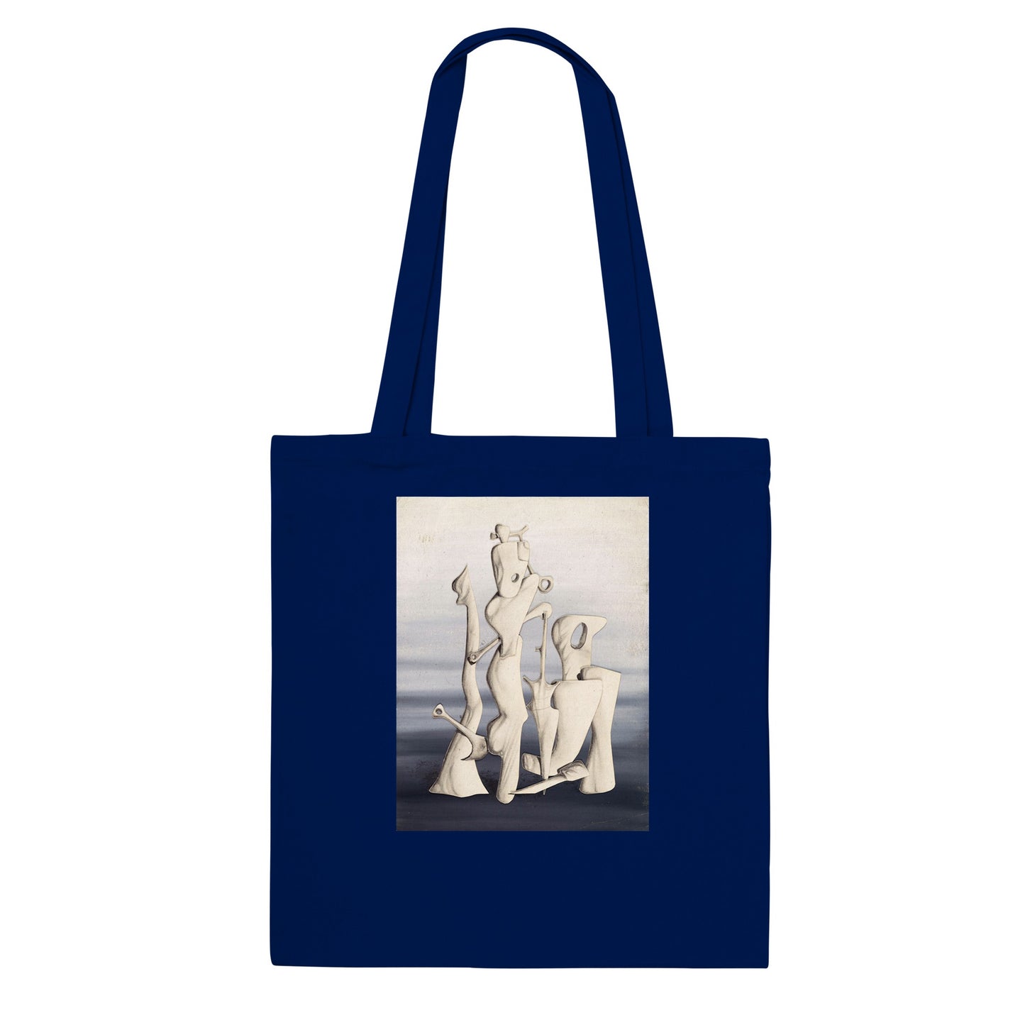 a blue tote bag with a picture of a group of people